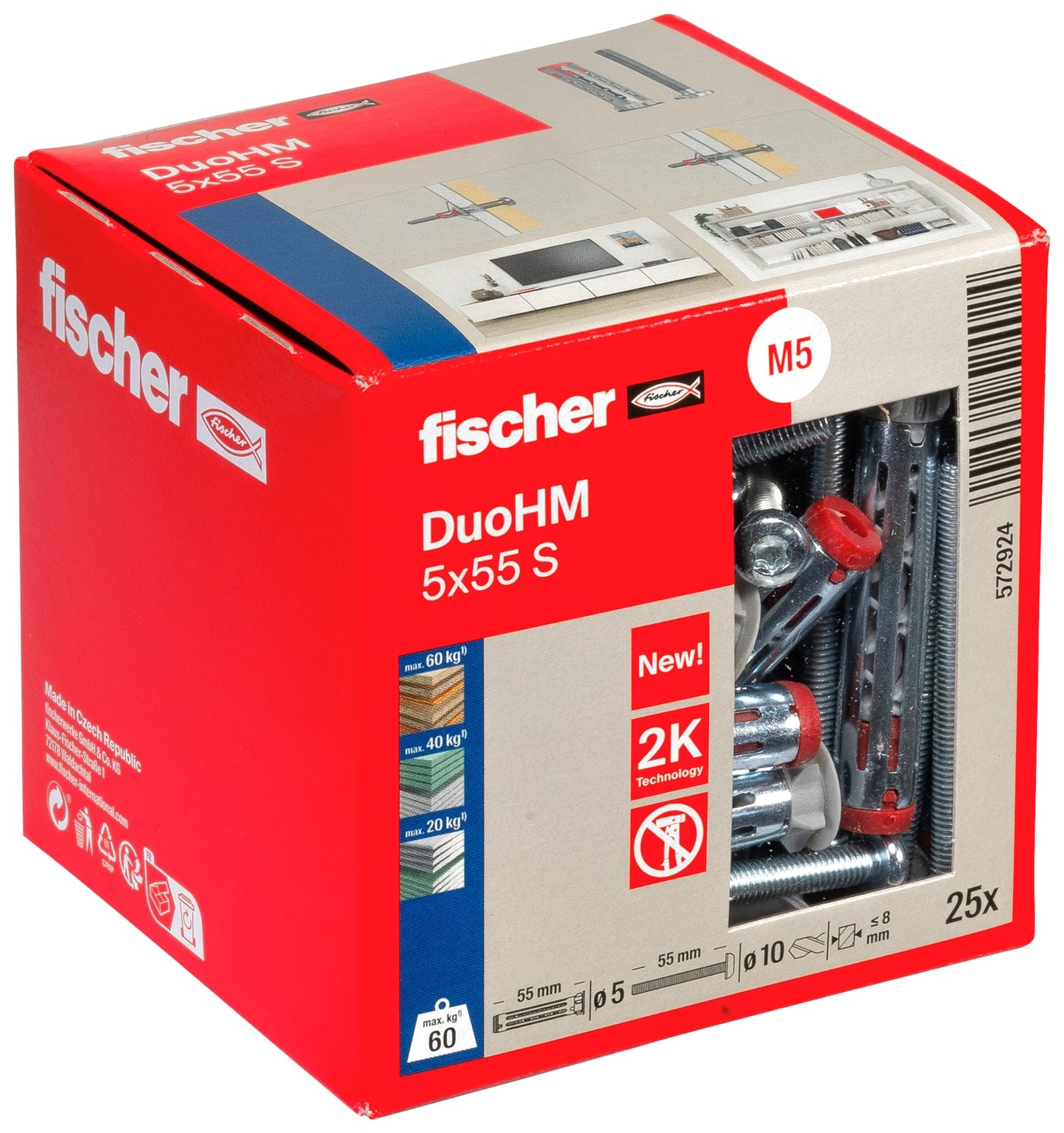 fischer DuoHM 5 x 55 S TX Cavity Dowels with Metric Panhead Screw and TX Drive for Fixing TV Brackets, Lights, Wall Shelves, etc. in Panel Building