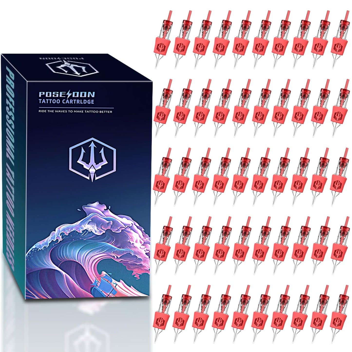 POSEIDON 50PCS Tattoo Cartridge Needles Mixed Size Steriled Needles with Disposable Membrane Safety Cartridges-1201RL, 1203RL, 1205RL, 1207RL, 1209RL