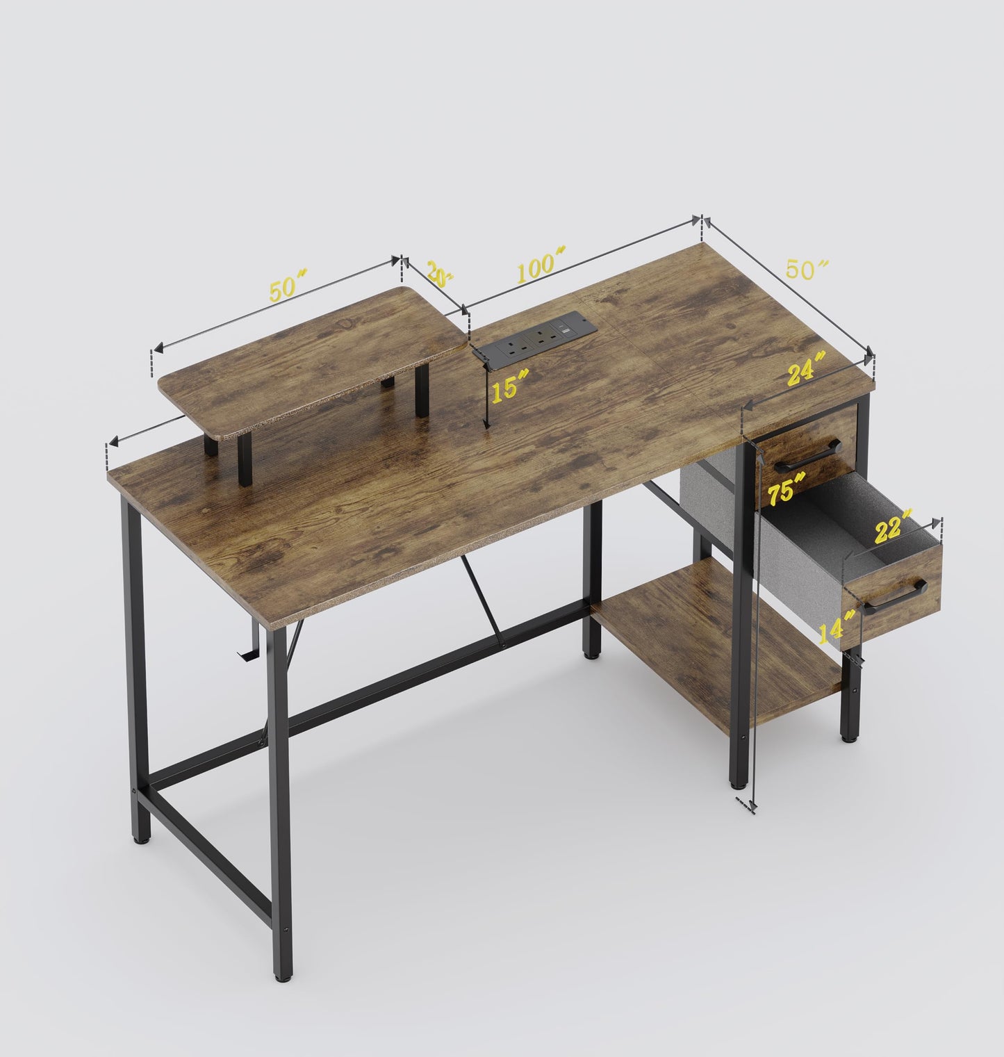 Xyphren 100cm Computer Desk with Drawers & Power Outlets, Office Desk with Storage Monitor Stand, Reversible Small Desks for Home Office Bedroom