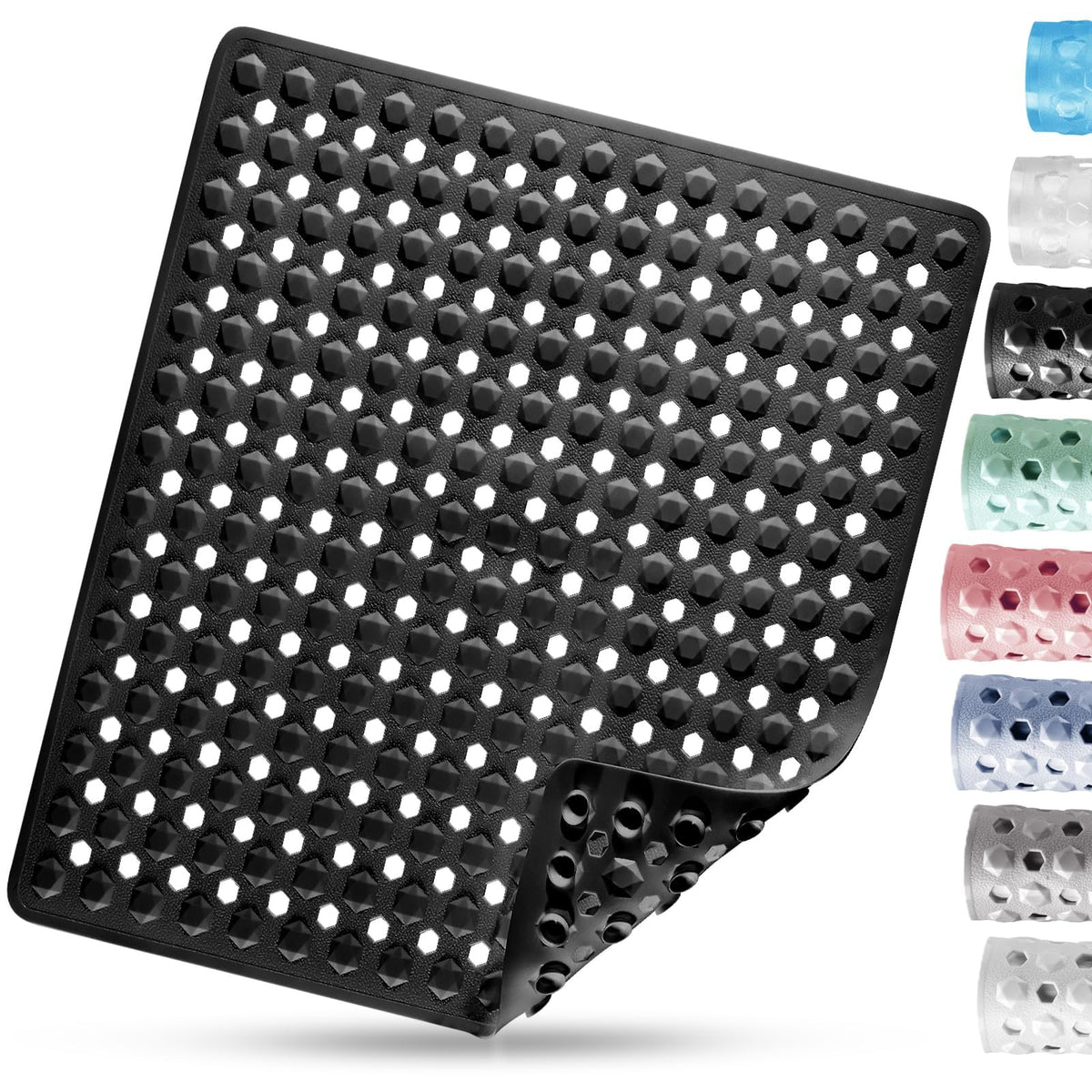 DOPROP Square Non-Slip Anti Mould Shower Mat for Inside Shower 53x53cm - Black PVC Bath Mat with Strong Suction Cups & Drain Holes, Machine Washable,