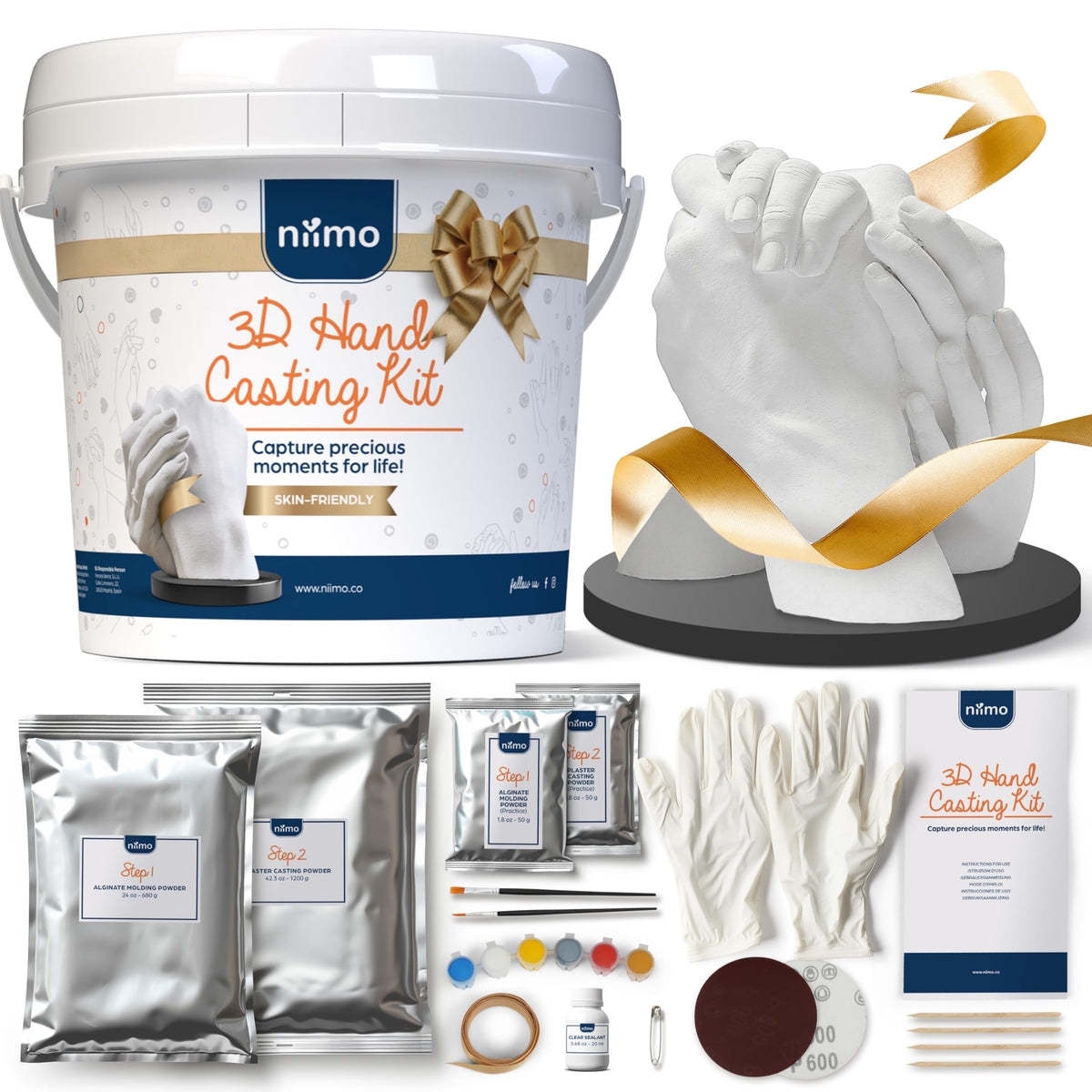 NIIMO 3D Hand Casting Kit Gift Set - Fun & Skin-Safe Hand Moulding Kit Couple, Personalised Gifts for Her, Includes Paints, Brushes, Display Stand,