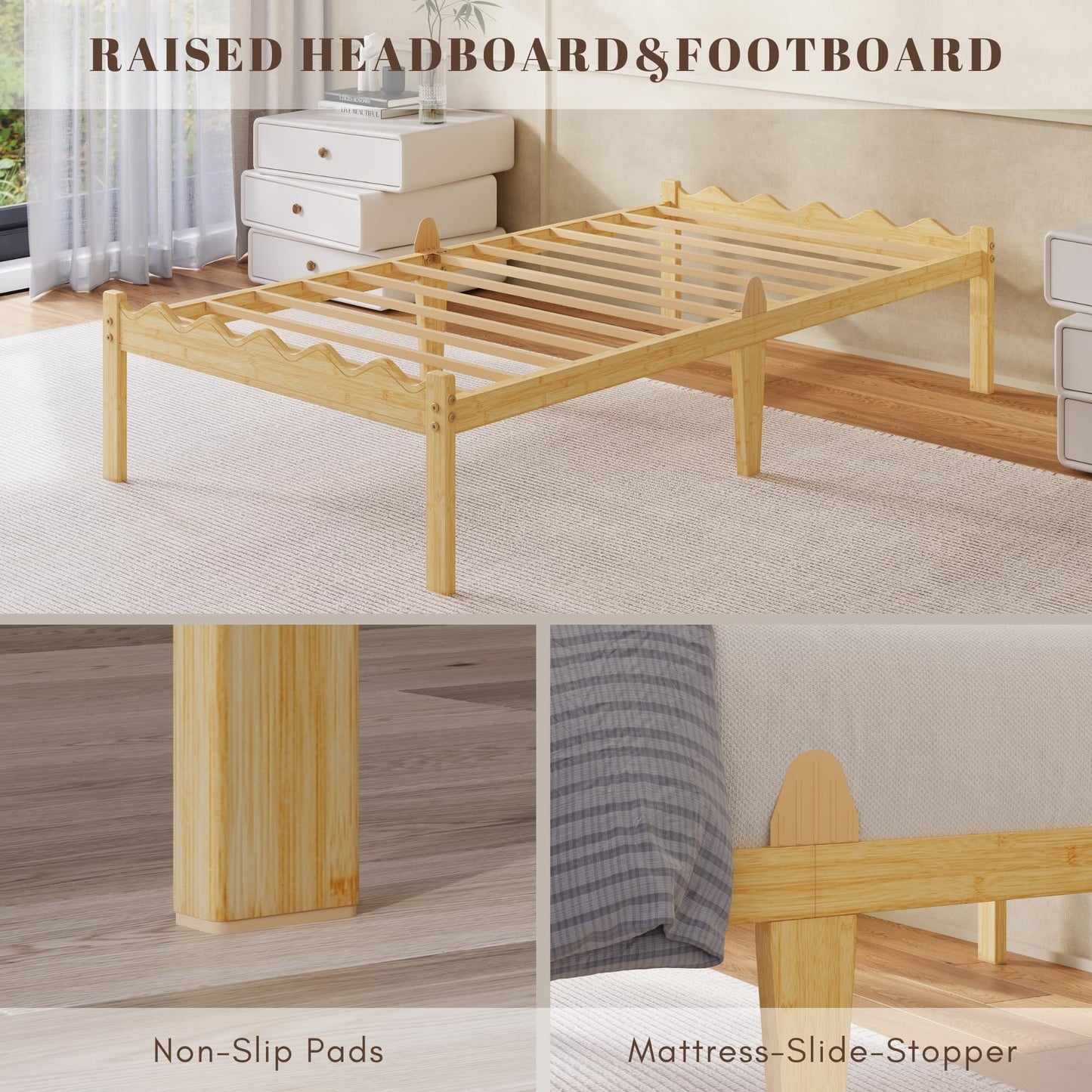 Hunlostten Wooden Single Bed Frame - Modern Bamboo Wood Style Bed Frame with Headboard and Footboard Underbed Storage Slats Support Easy to Install