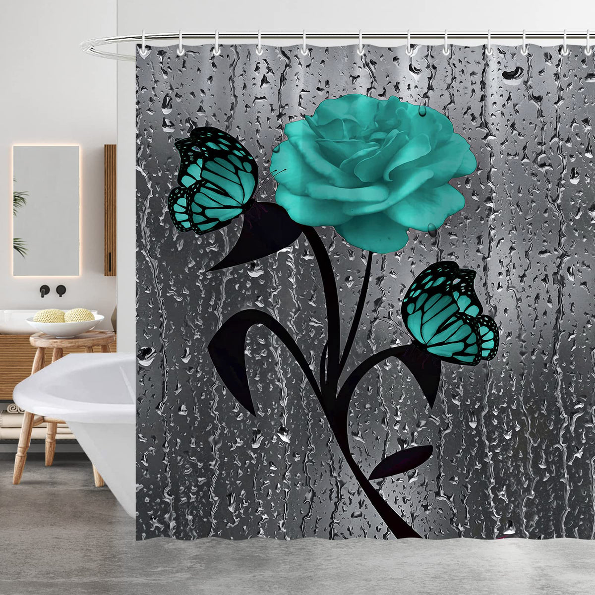 Minicoco Mould Proof Mildew Resistant Bathroom Curtains Waterproof 100% Polyester Green Shower Curtain with 12 Hooks, 180 x 180 cm (Flower)