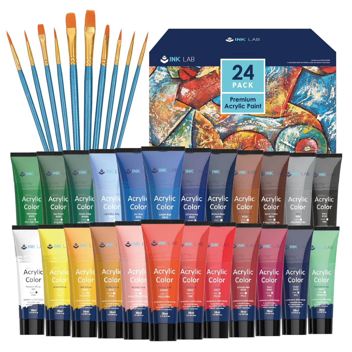 INK LAB Acrylic Paint Set 24 Colours Acrylic Paints in Tubes Non Toxic for Artists Beginners Painting on Canvas Wood Fabric Rocks, 36ml/Tube, Rich