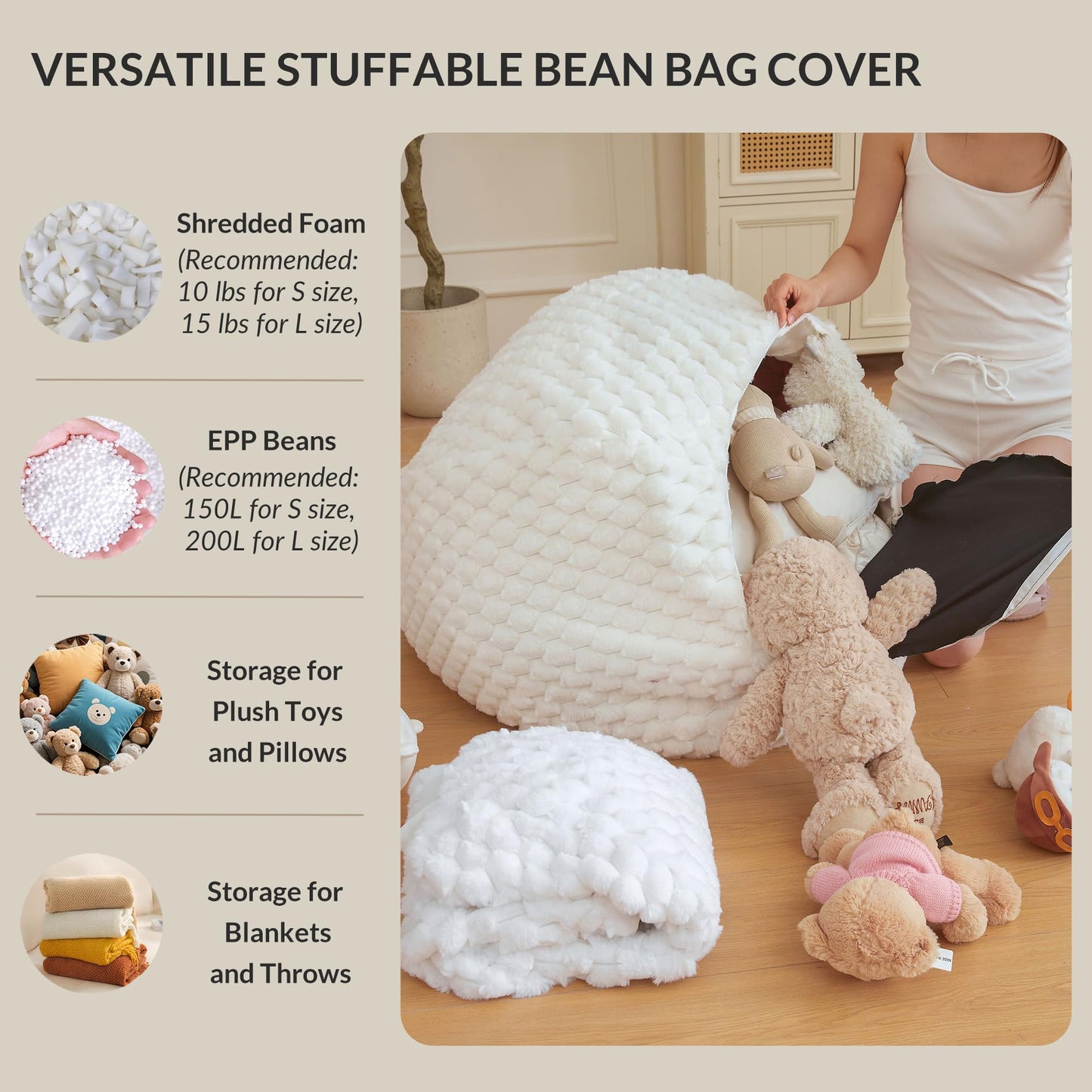 XeGe 3D Bubble Fluffy Faux Rabbit Fur Bean Bag Cover(No Filler), Light Grey