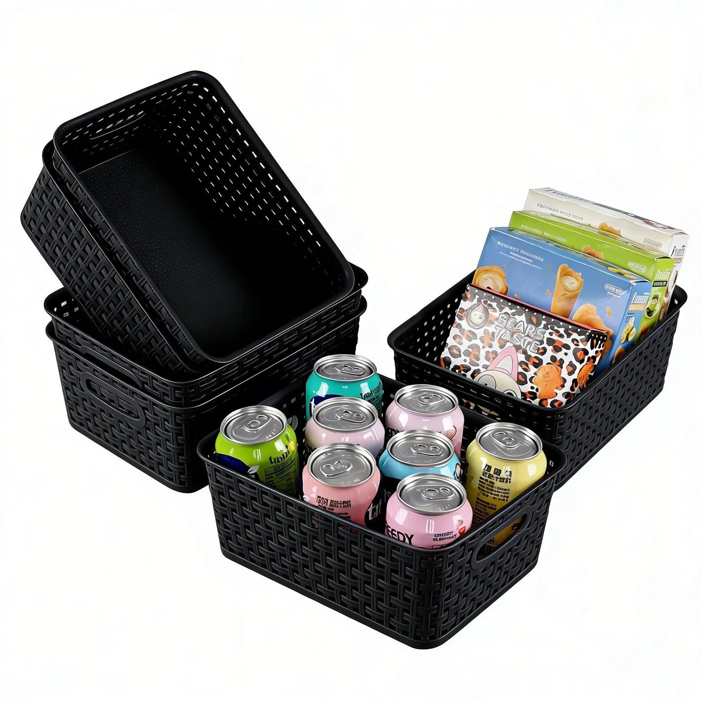 Udotry 6 Pack Plastic Weave Storage Basket Small Rattan Organizer Box Black
