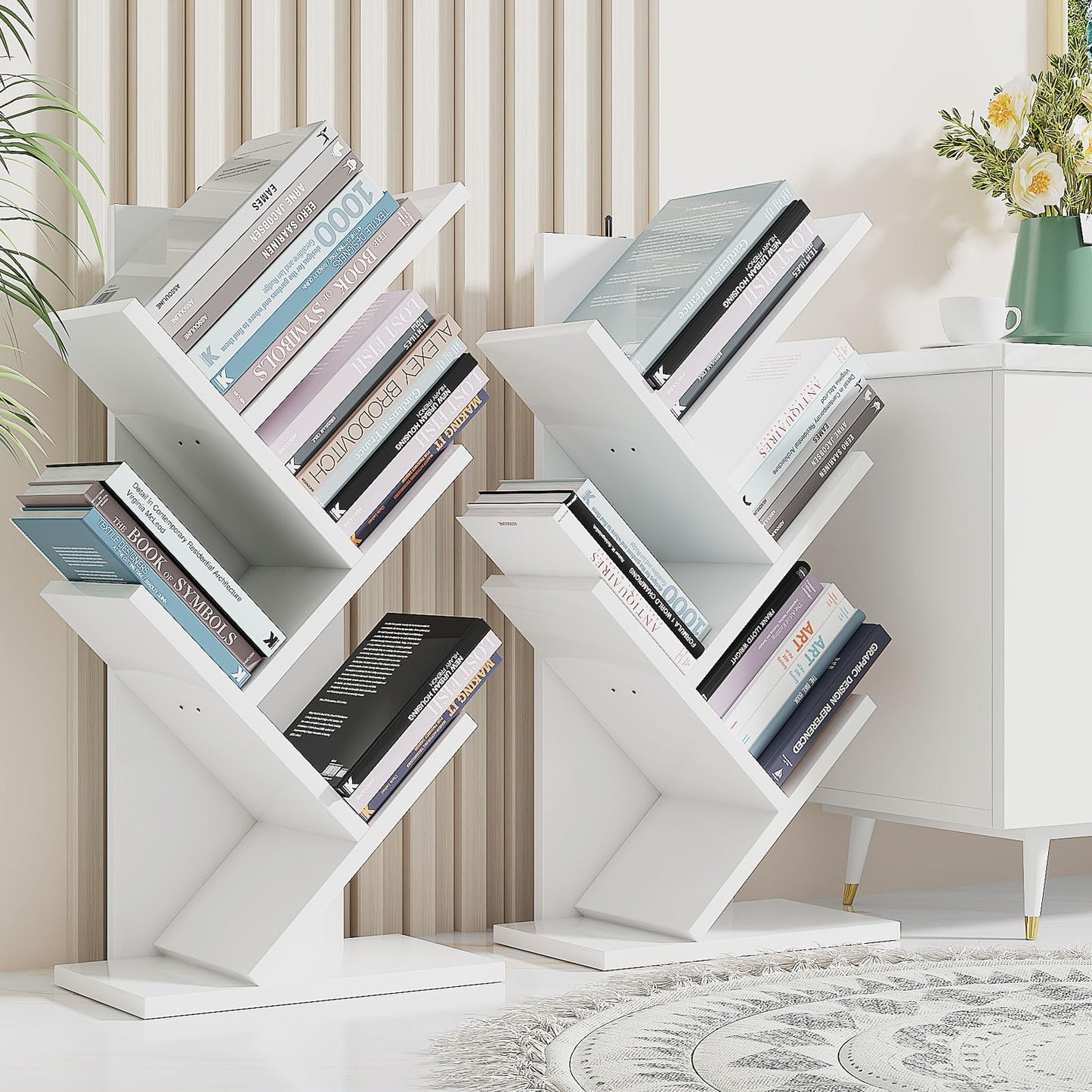 YMYNY 4 Tier Tree Bookshelf, Small Bookcase, Modern Wood Book Storage Rack, Freestanding Book Shelf for Books/Movies/CDs, Narrow Display Rack for