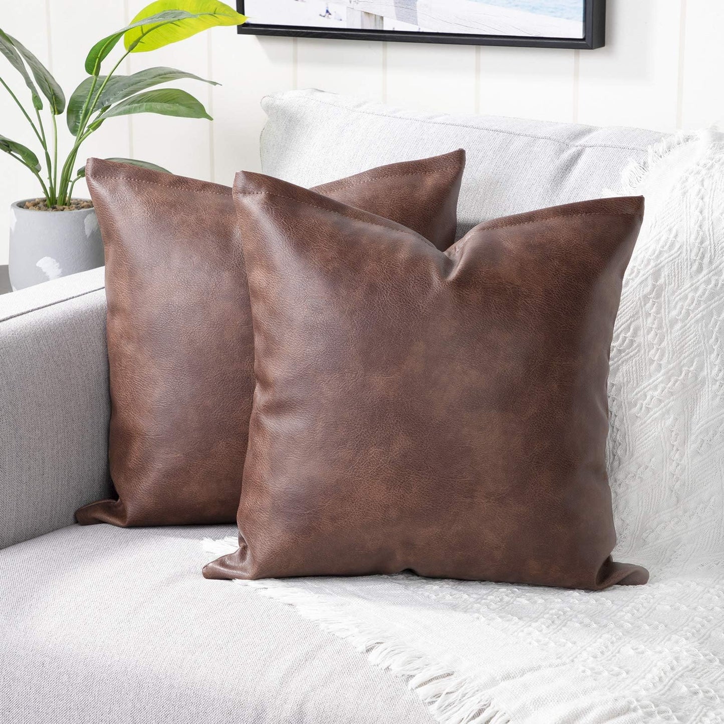 YAERTUN Set of 2 Faux Leather Decorative Throw Pillow Covers Modern Solid Outdoor Cushion Covers Cases Luxury Pillowcases for Couch Sofa Bed 24x24