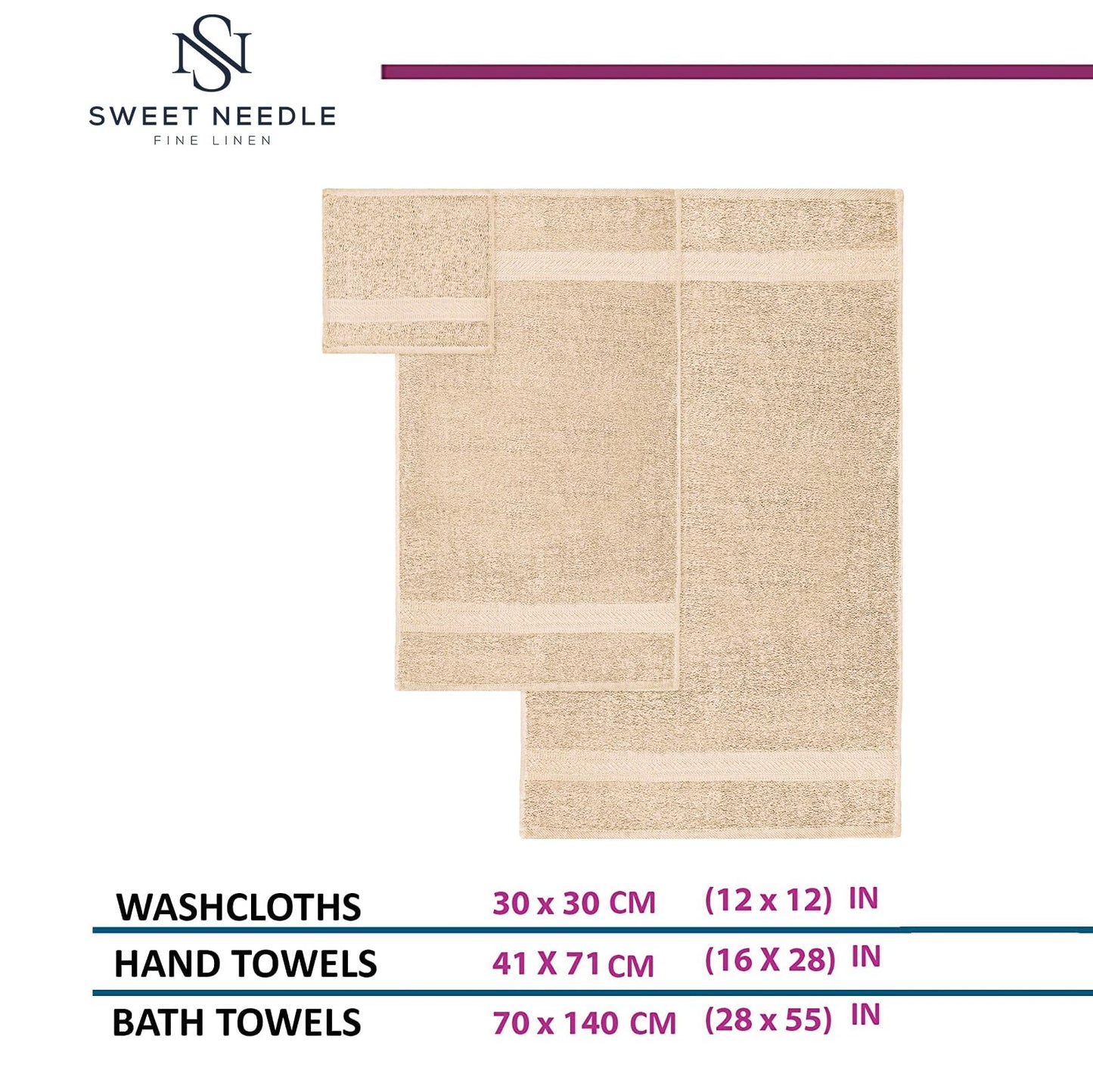 SweetNeedle 6 Piece Towel Set - 2 Bath Towels, 2 Hand Towels and 2 Washcloths Cotton Daily Use Hotel Spa Quality Soft Highly Absorbent Quick Dry