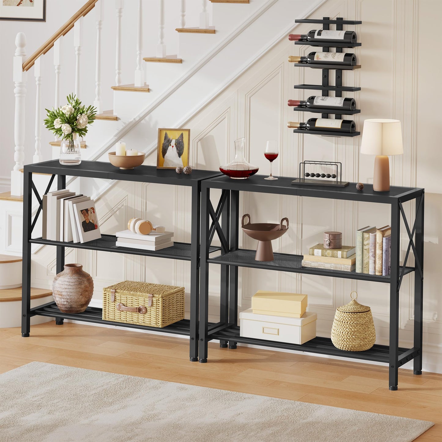 Hoctieon Industrial Console Table Set of 2, 3 Tier Entryway Table, Metal Frame, Sofa Tables with Shelf, Hallway Desk, Entrance Tables for Entryway