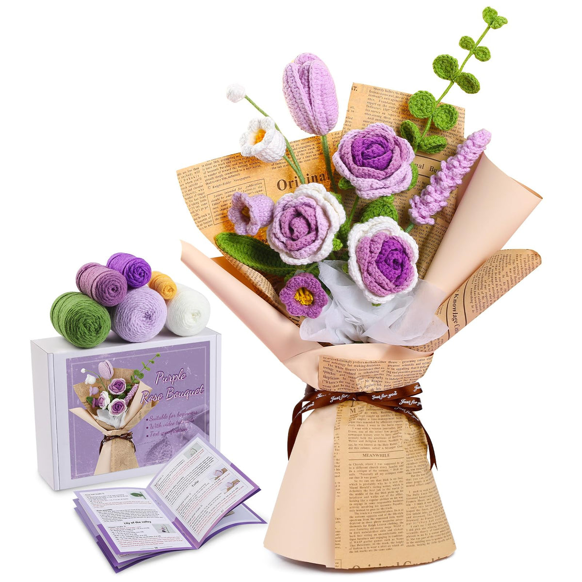 ENCHOL Crochet Kit for Beginners Adults, Beginner Crochet Kit, Purple Rose Bouquet Crochet Kit, Complete Crochet Kits for Starters with Step-by-Step