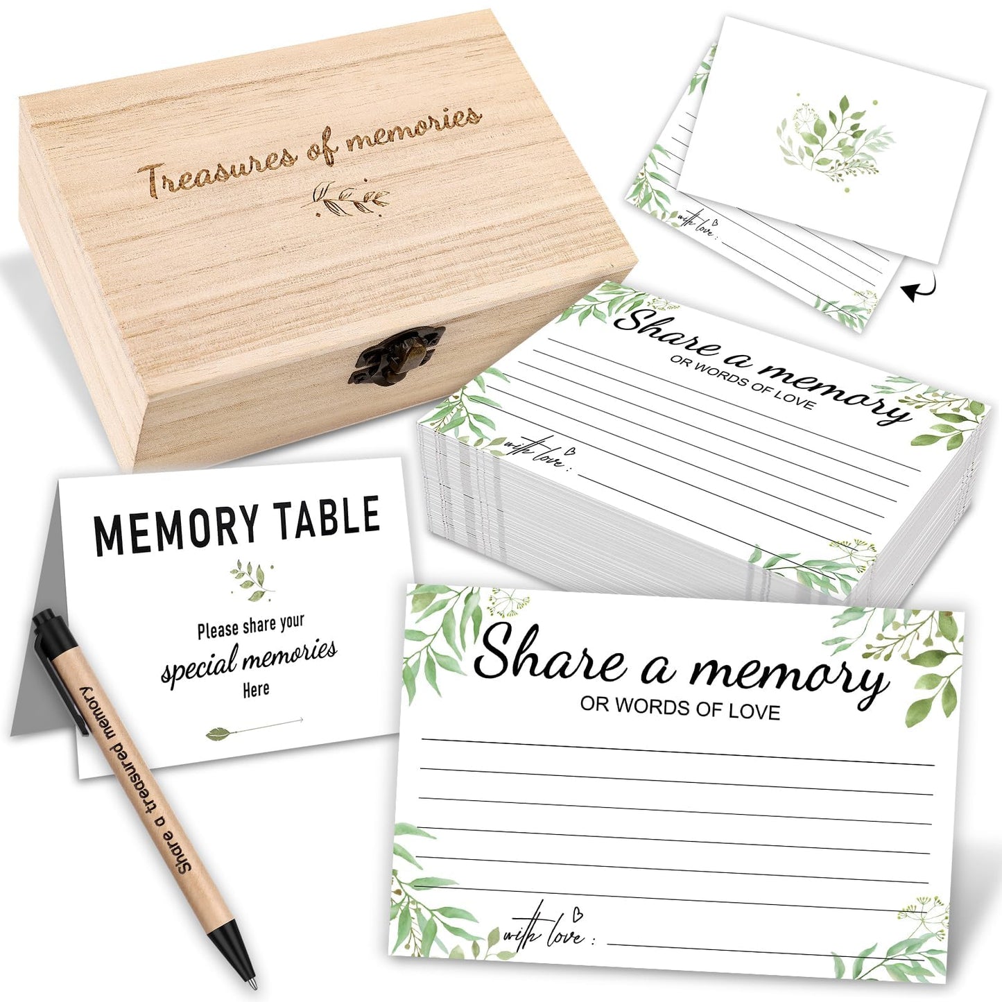 100Pcs Share a Memory Card Sets, Funeral Memorial Cards Wooden Memory Keepsake Box Funeral Pen Share for Celebration of Life Anniversary Memorial