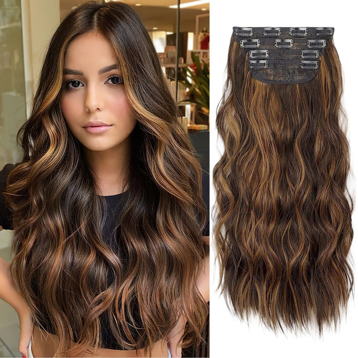Brown Hair Extensions Clip in, 20 Inches Long Synthetic Curly Clip in Hair Extension for Women and Girls (Dark Brown with Mix Light Brown Highlights,