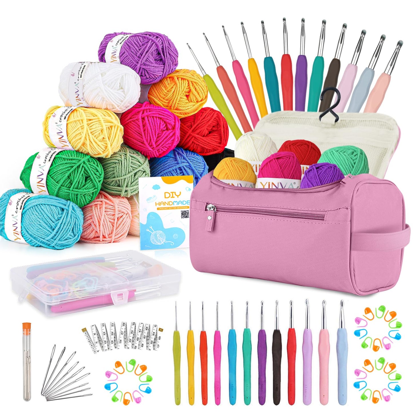 YINVA Crochet Kits for Beginners Adults Crochet Kit 15Pcsx25g Crochet Yarns Ergonomic Metal Crochet Hooks 2mm-8mm Knitting Accessories Tools Storage