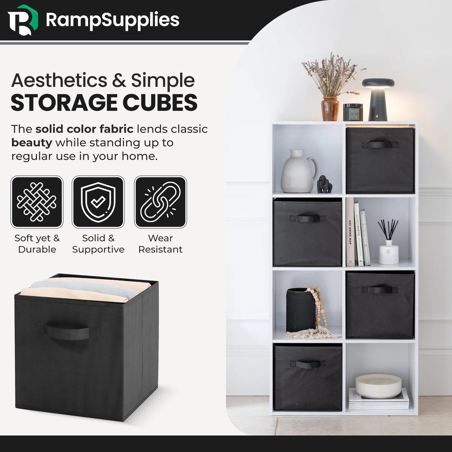 RampSupplies Black Foldable Storage Cubes with Handles, 30cm x 30cm x 30cm,Fabric Storage Boxes