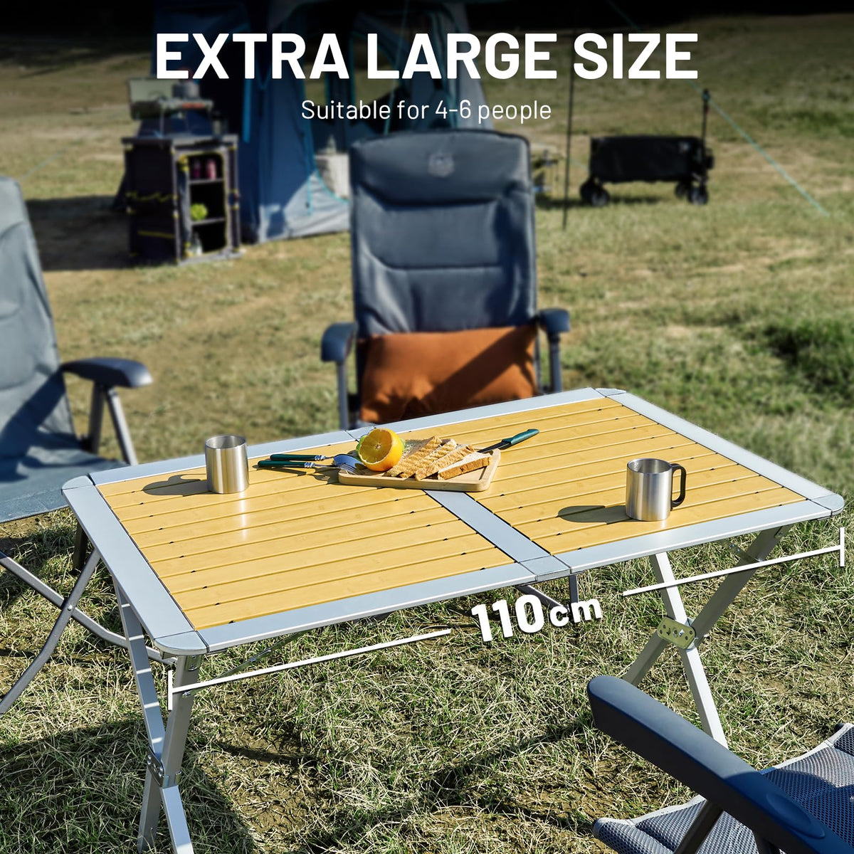 TIMBER RIDGE 110x70cm Folding Camping Table, Aluminium Roll Up Garden Table, Foldable Picnic Table with Slatted Top for 4-6 People, Fold up Table with