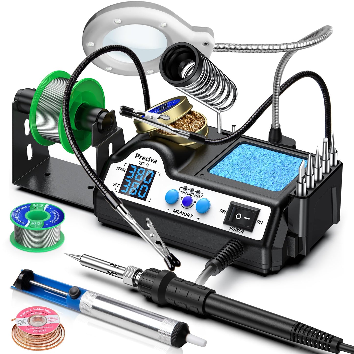 Soldering Iron Kit, Preciva 927IV Solder Station with Magnifiers and 2 Helping Hands, 130W Dual LCD Digital Display, 90-480? Temp Adjustable with 5