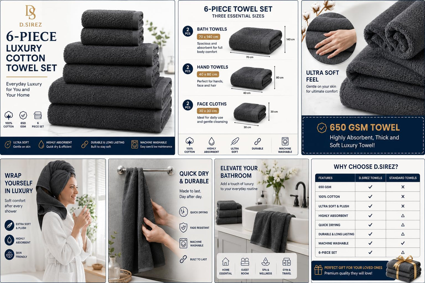 D.Sirez Signature Collection – Luxury 6 Piece Charcoal Grey Towel Set, 650 GSM Cotton Bathroom Towels, 2 Bath Towels, 2 Hand Towels & 2 Face Cloths