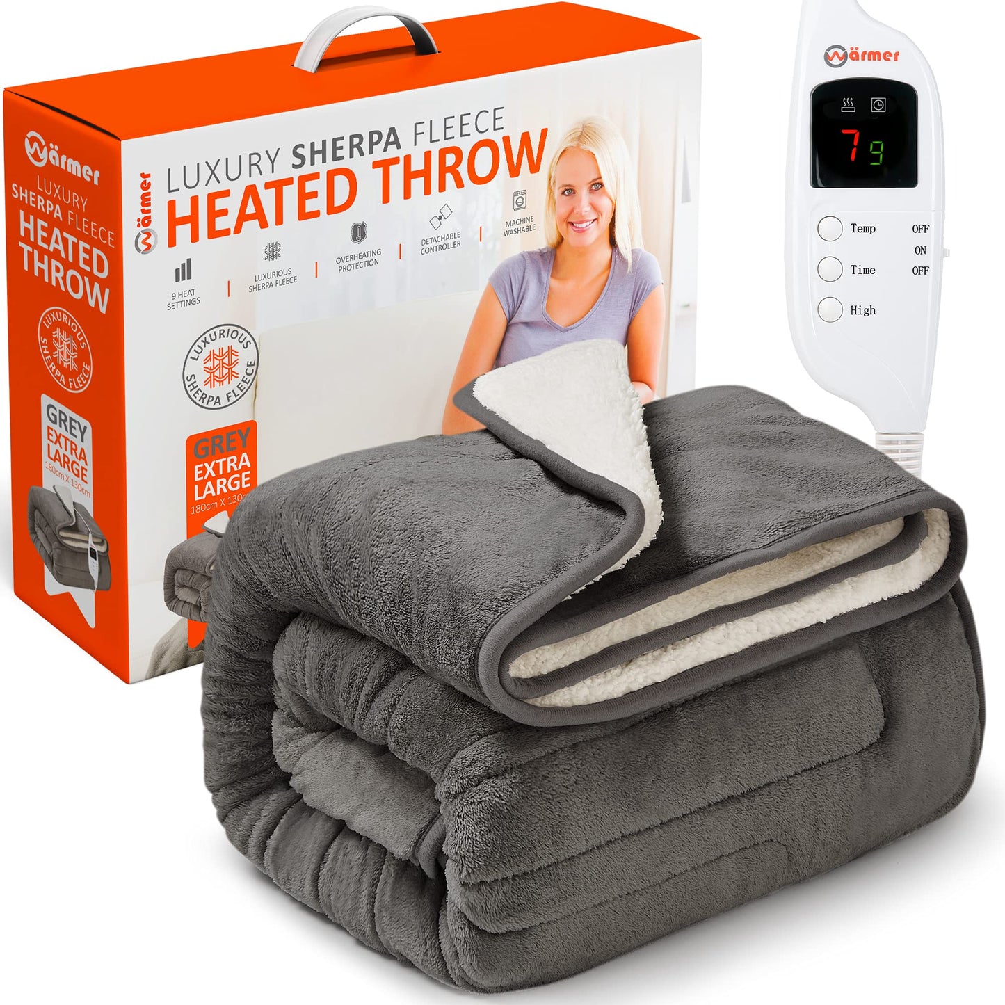 Wrmer Electric Heated Throw Blanket - Extra Large 130cm x 180cm Digital Controller - 9 Hour Timer, 9 Heat Settings, Auto Shutoff, Machine Washable -