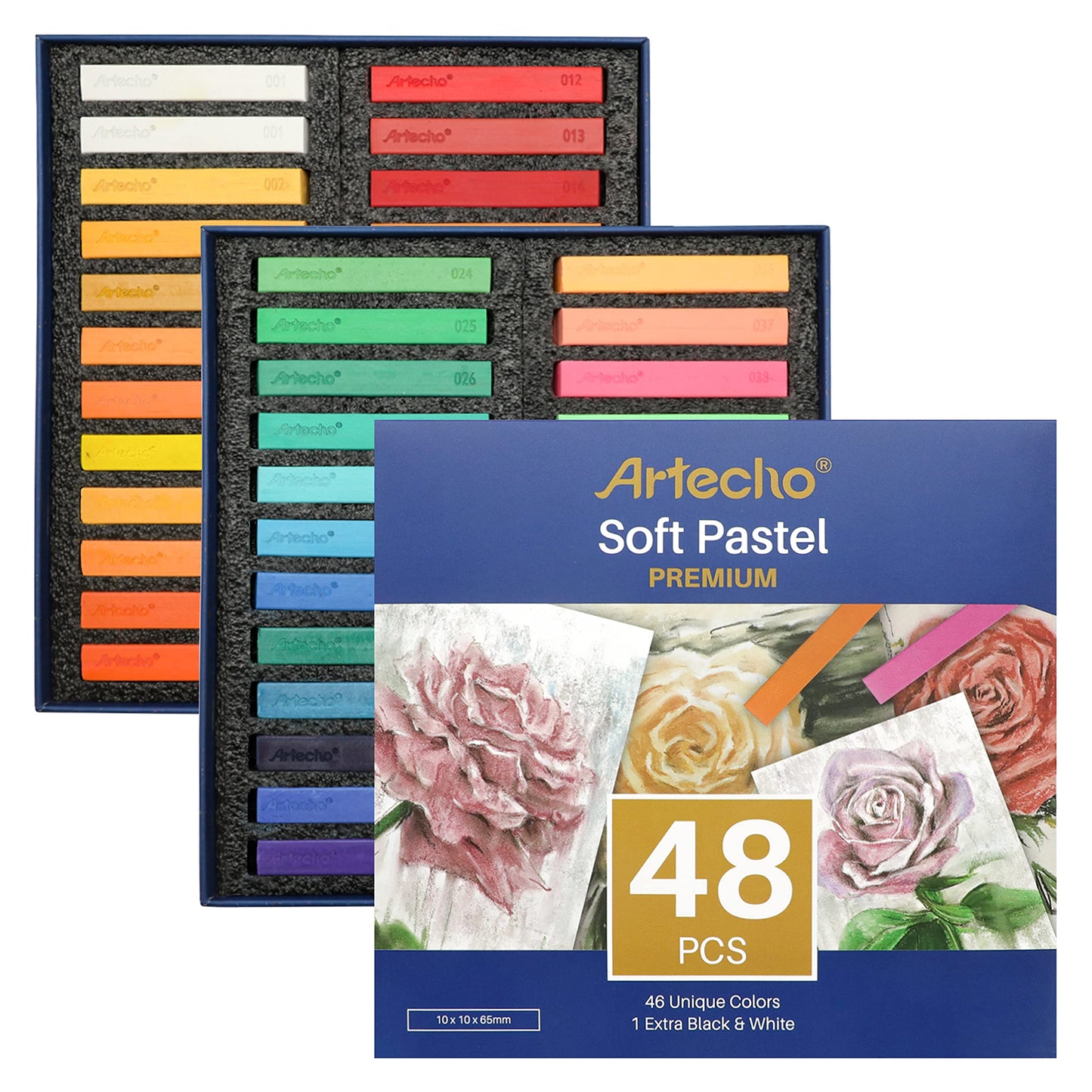 Artecho Soft Pastel Set of 48, Including 4 Fluorescent colors Premium Square Chalk for Drawing, Blending, Layering, Shading, Art Supplies for Kids,