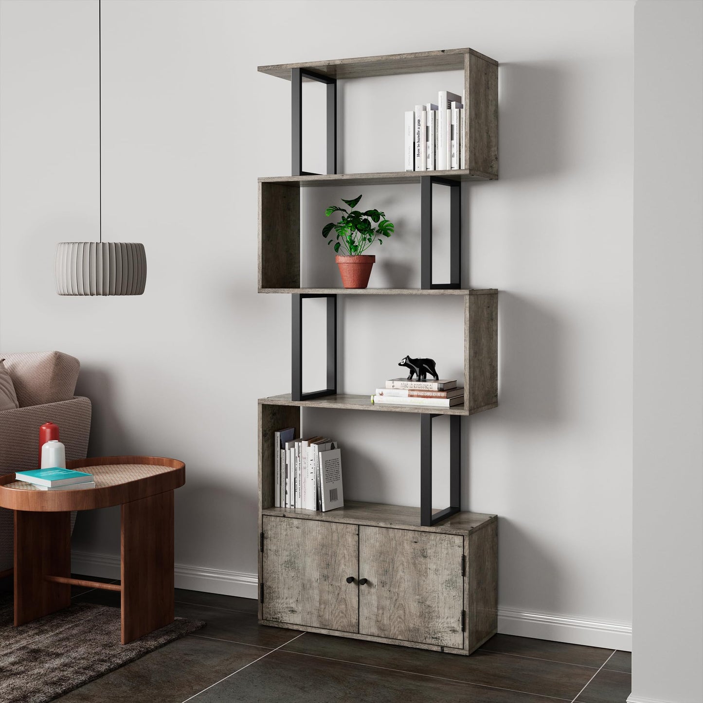 PADMA HOUSE Geometric Bookcase, Wood Display Shelves With Storage,Industrial Bookshelf for Living Room Bedroom, Home Office (Mottled Grey 1)