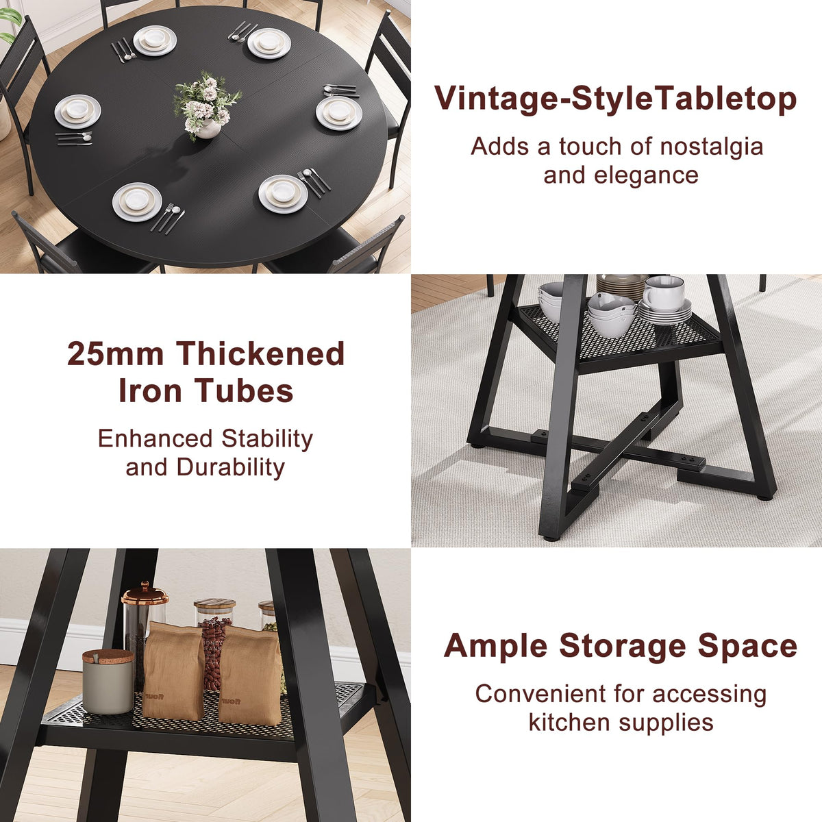 Jocoevol Round Dining Table for 4-6 People, Circle Dinner Table with Shelves, Space Saving Wood Kitchen & Dining Room Furniture (Black, 51 inch