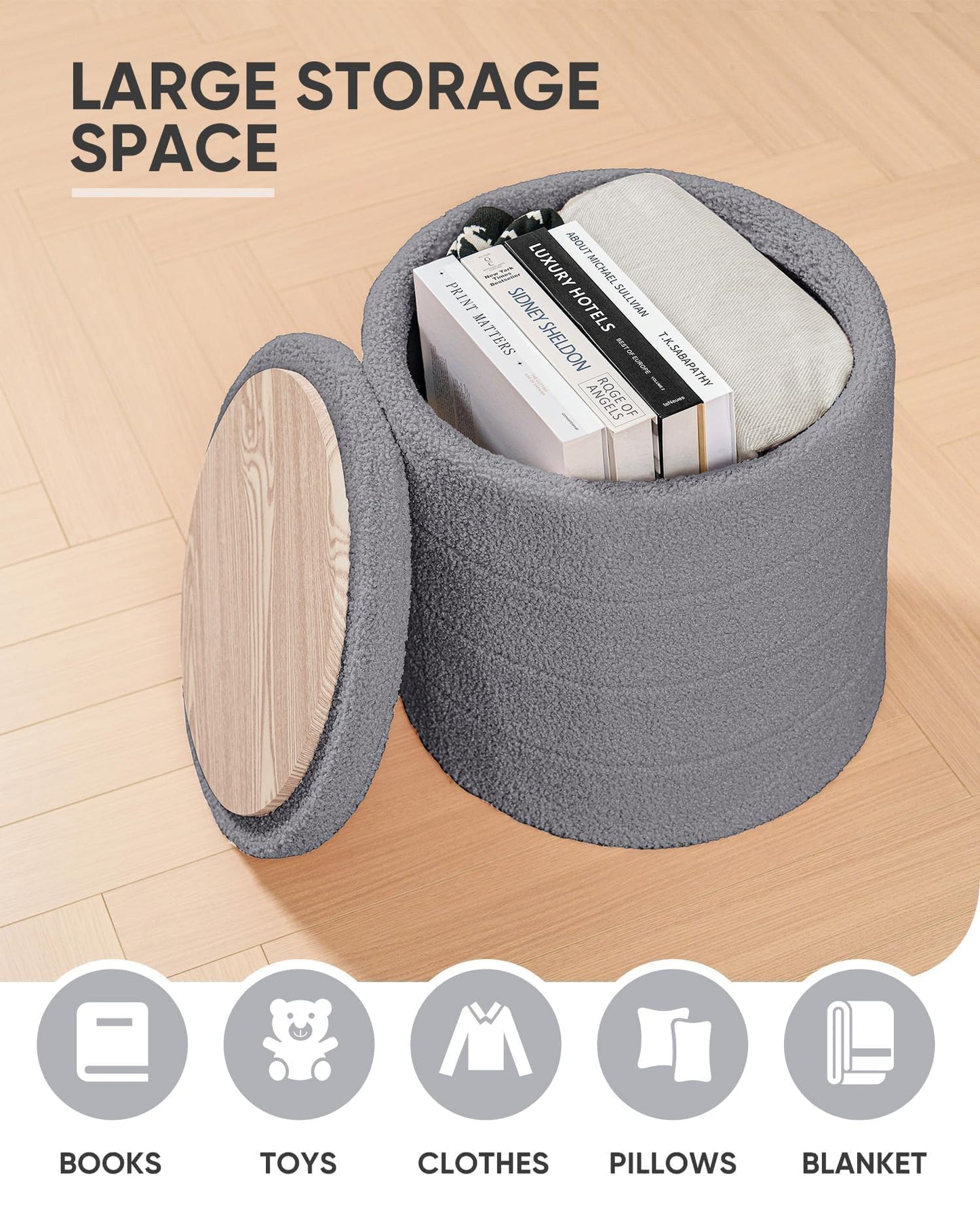 Bonlife Boucle Ottoman Storage, Foot Rest Stool Seat, Folding Footstool for Living Room, Sherpa Ottoman for Bedroom, Grey, 43x43x45 cm