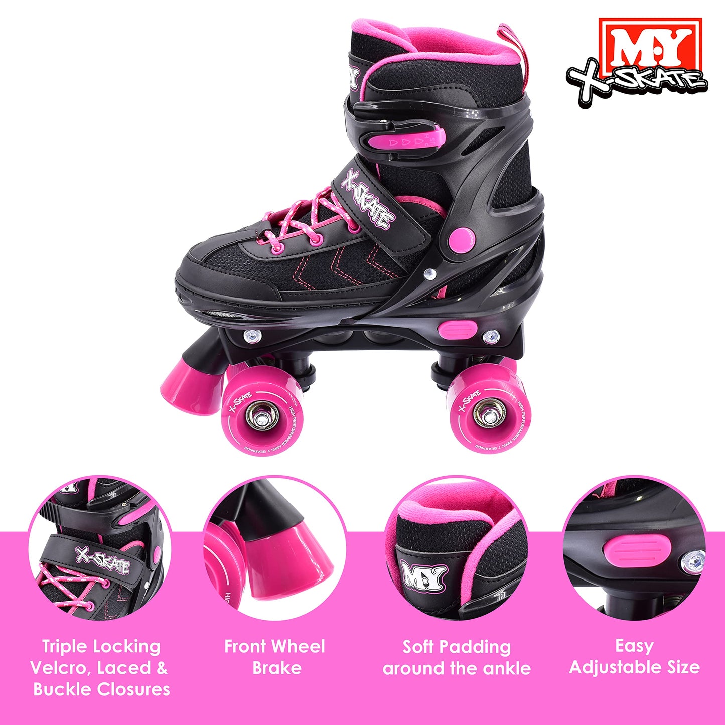 M.Y X-Skate Adjustable Pink Quad Roller Skates with Built In Adjusters Kids Roller Boots for Boys & Girls - Small