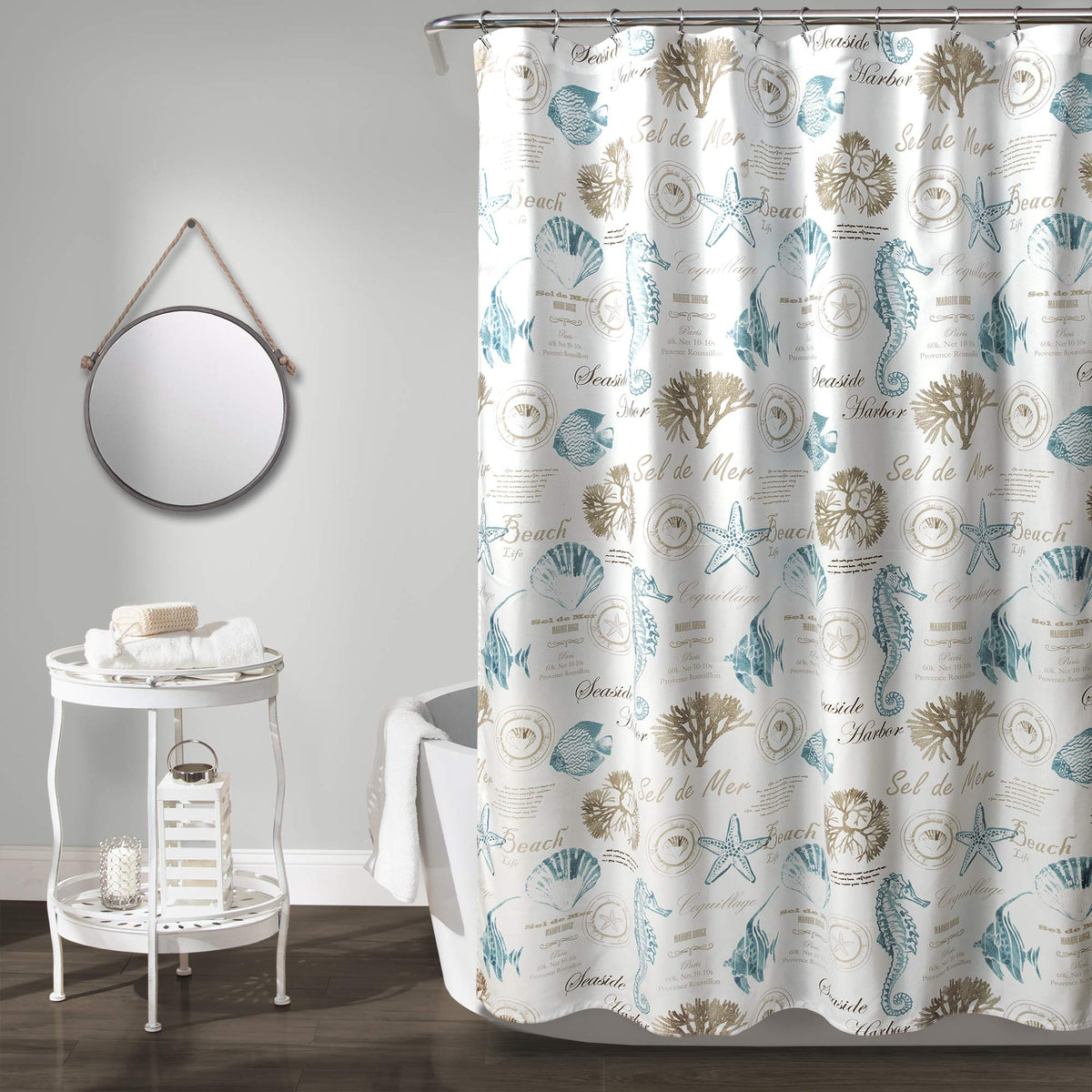 Lush Decor Harbor Life Shower Curtain, 72" W x 72" L, Blue & Taupe - Coral, Fish & Starfish Print - Seahorse & Seashell Shower Curtain - Costal Shower