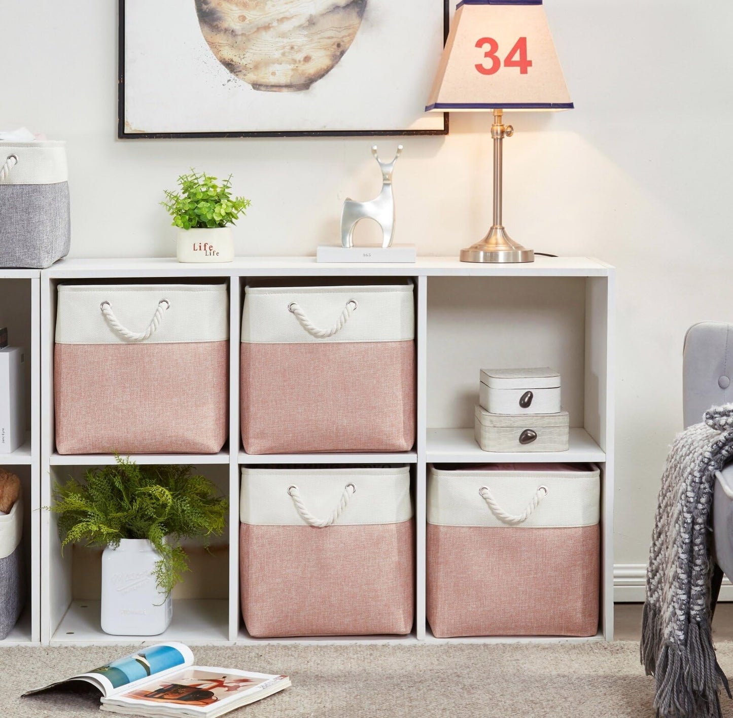 Mangata Fabric Storage Boxes, 28x28x28cm Storage Baskets Storage Cube Boxes for Organizing Clothes Shelf Nursery Home Closet(Pink/White, Set of 3)