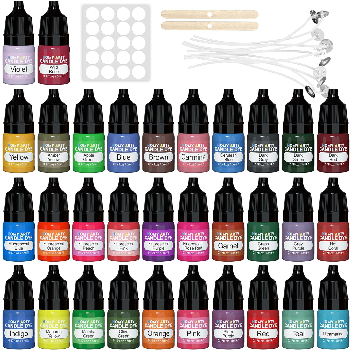 HOMY ARTY Candle Dye - 32 Colours Liquid Candle Dyes for Wax, Vivid Oil-Based Wax Dyes for Candle Making, Highly Concentrated Natural Candle Wax Dye,