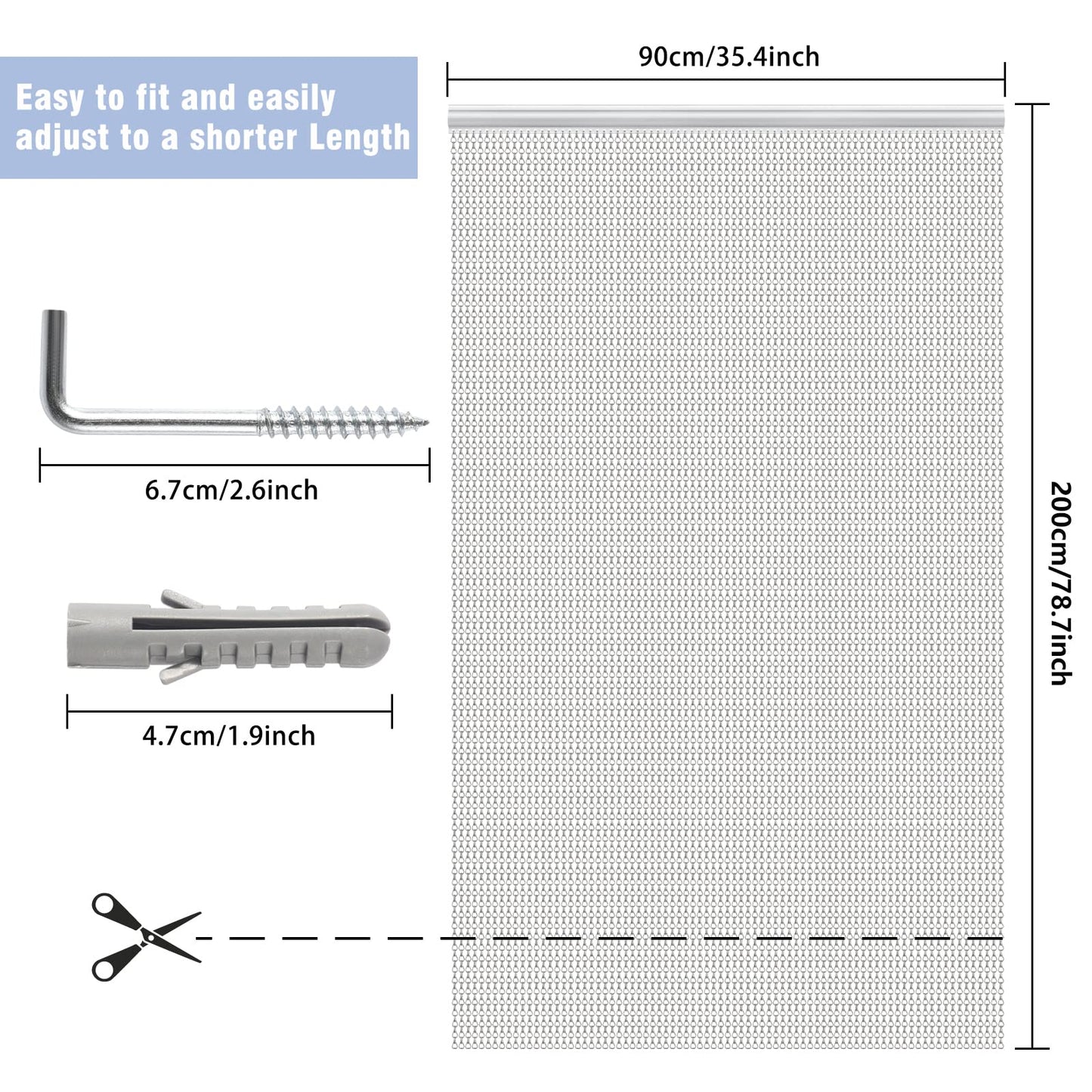 VerRich Silver 90 * 200cm Aluminium Chain Curtain Door Fly Screens Metal Fly Curtain Insect Blinds Pest Control