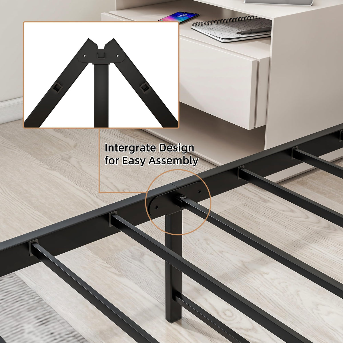 HOJINLINERO Metal Single Bed Frames with Wood Headboard,Industrial Bed Frame Single for Adult,Heavy Duty Platfrom Metal Slats Support,Easy