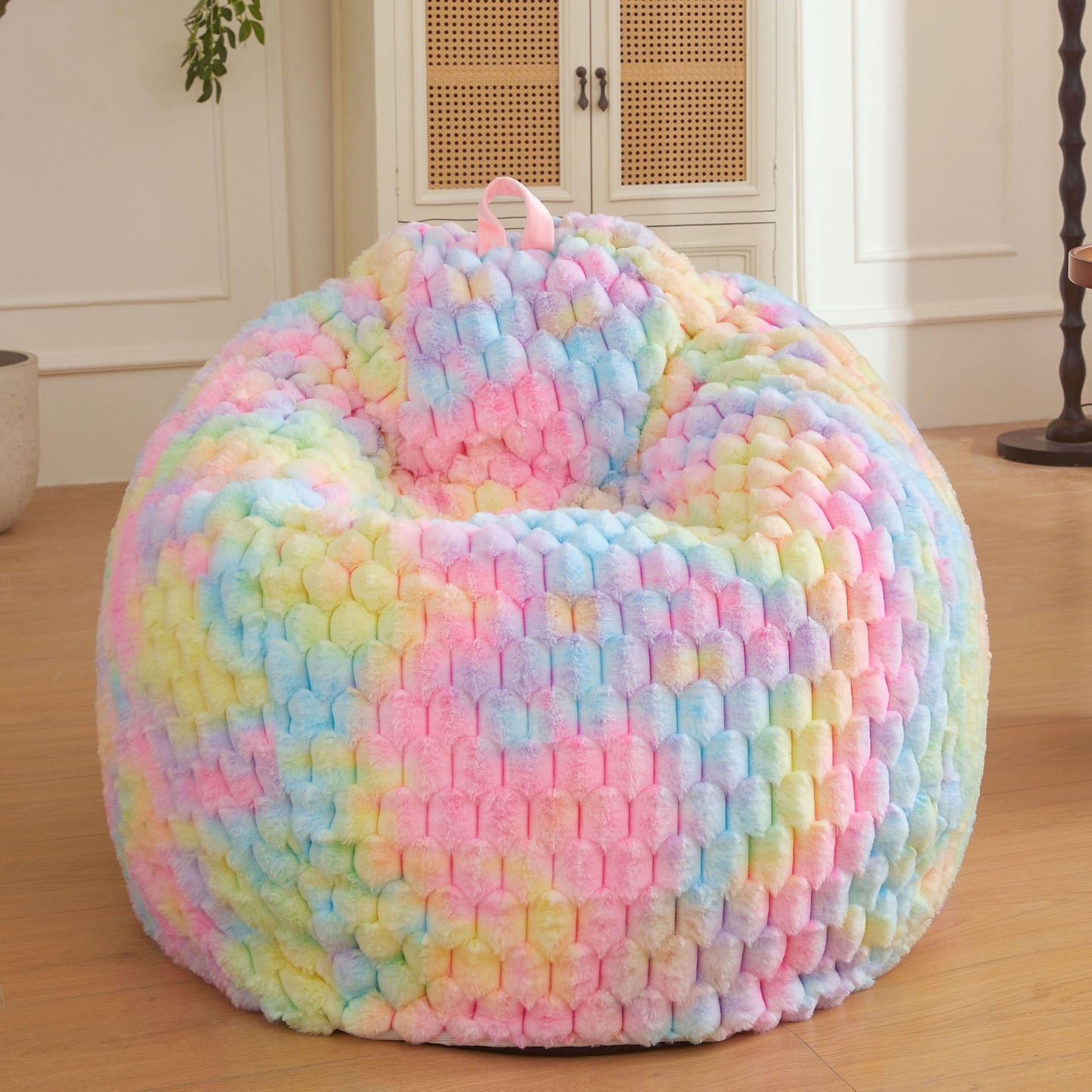 XeGe Bubble Kids Fluffy Faux Rabbit Fur Bean Bag Cover(No Filler), Rainbow