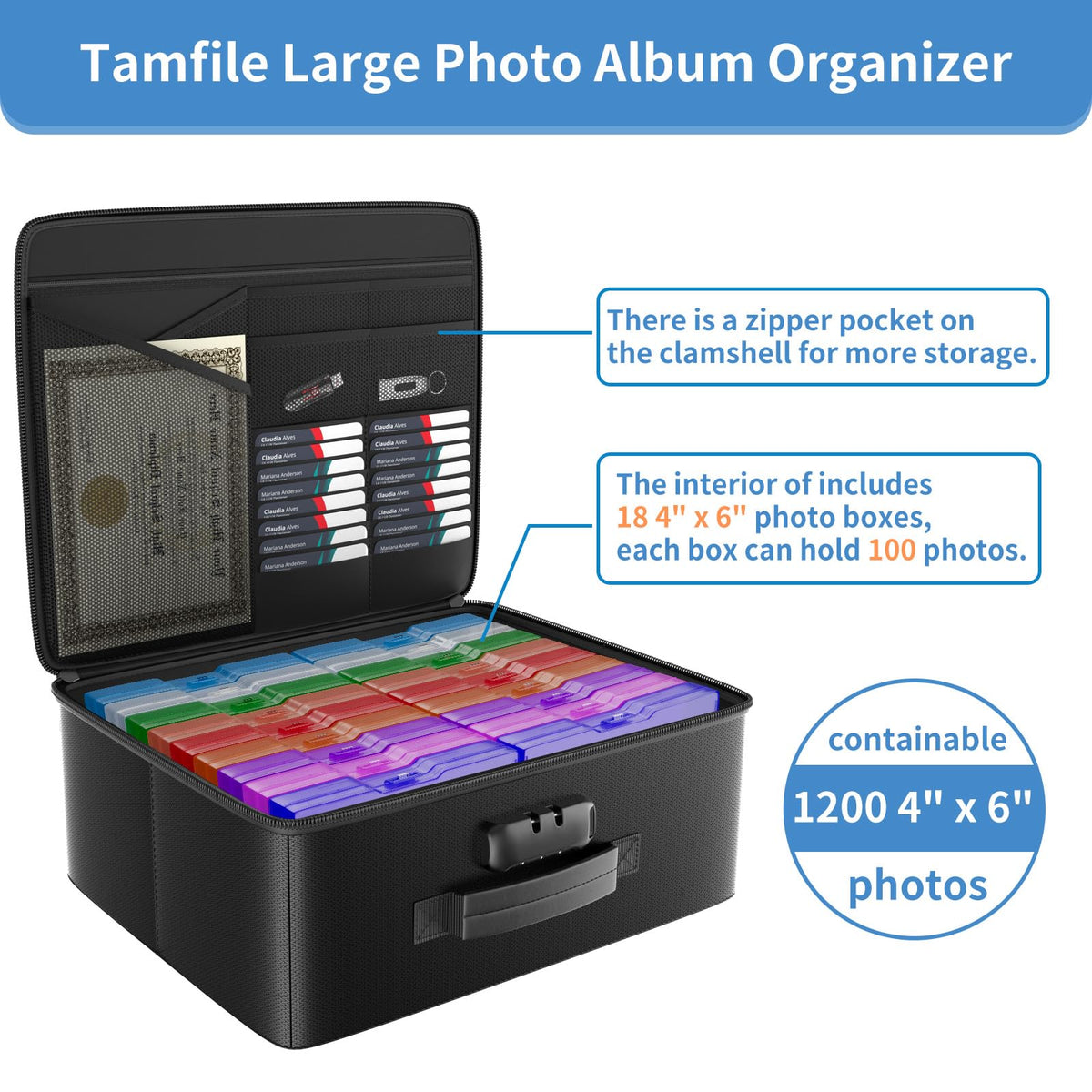 Tamfile Fireproof Photo Storage Box with 18 Inner 4" x 6" Multicolor Photo Case, Plastic Photo Organiser with Lock for Pictures, Cards, Crafts, Stamps