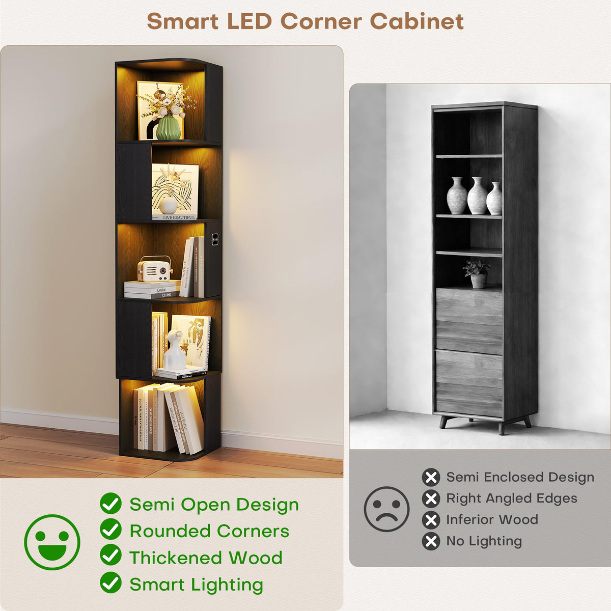 64.8 " Corner Wood Bookcase with Body Sensor LED for Home Office,Black