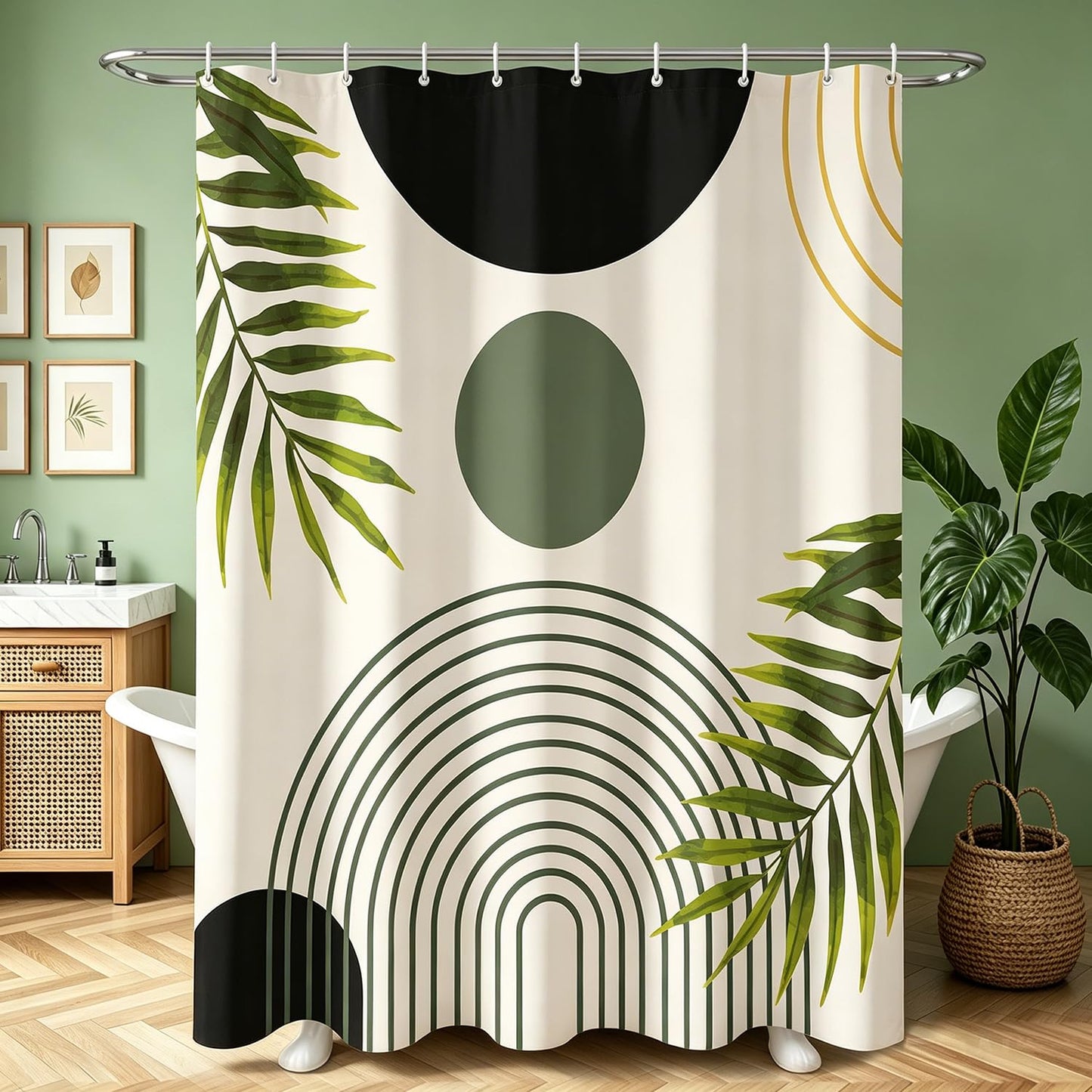 Shower Curtain, 180 x 200 cm, Black Leaves Line, Weighted Hem, Anti-Mould Textile, Water-Repellent