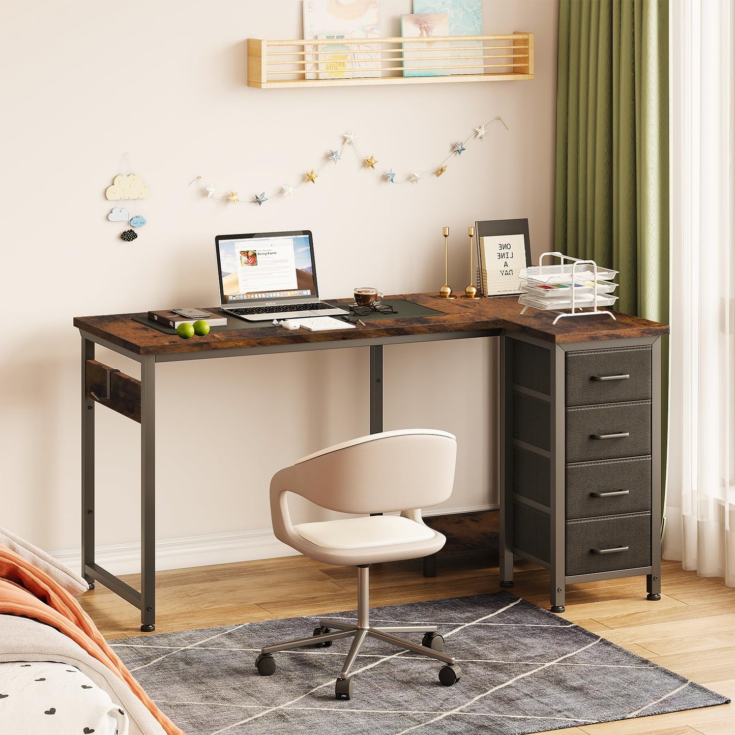 Coleshome Small Corner Desk with Drawers for Home Office, 120x70 cm, Brown