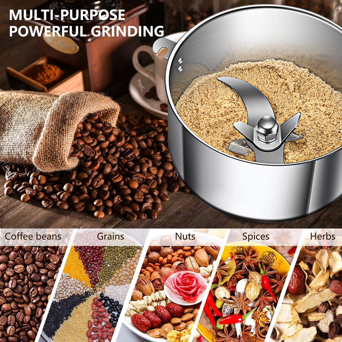 LEJIEYIN Grain Mill Electric 750g Electric Mill Stainless Steel Graingrinder & Commercial Motor Grinding Stone Mill Grain with 2000W 25000 RPM for