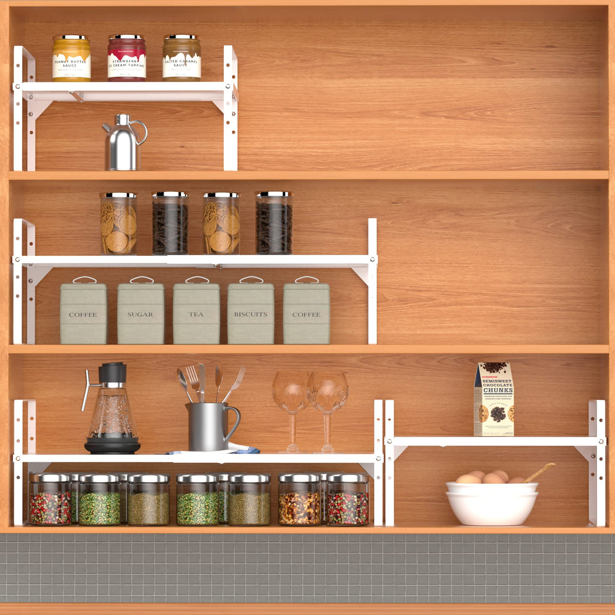 iPEGTOP 2 Pack Expandable Cabinet Storage Shelf Organizer Rack, Heavy Duty Steel Metal Spice Rack Adjustable Height Home Office Pantry Shelf Space for