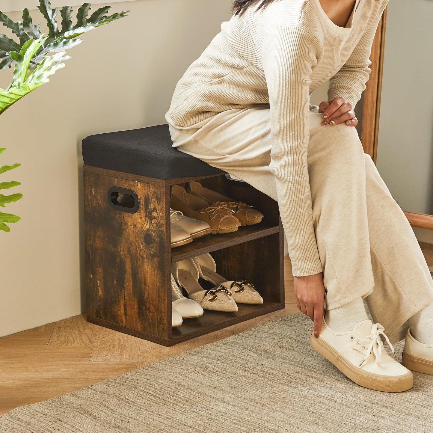 YMYNY Shoe Storage Bench with Cushion, 2 Tier Shoe Rack with Padded Seat, Adjustable Shoe Organizer Cabinet for Entryway, Living Room, Hallway,