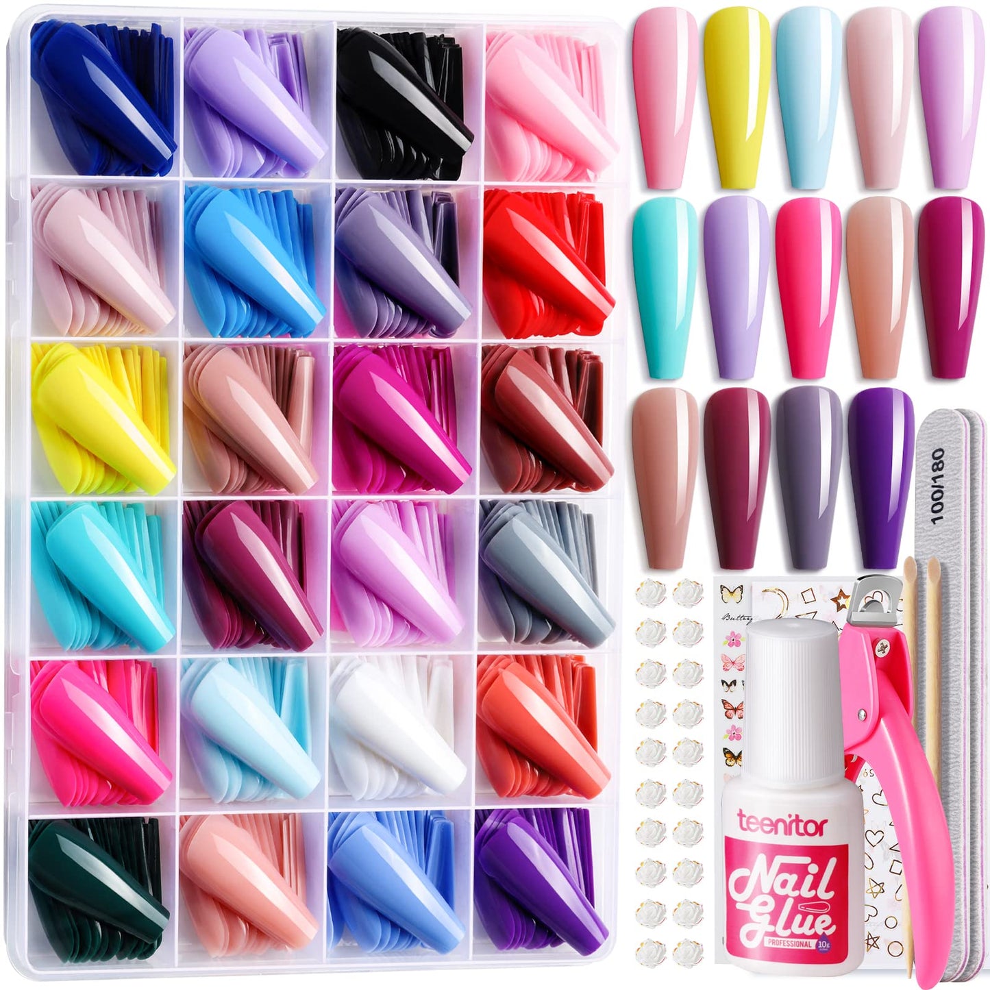 Teenitor 24 Colors False Nails with Glue, Long Coffin Press On Nails Full Cover Stick on Nails, Long Ballerina Coffin Fake Nails with Acrylic Nail