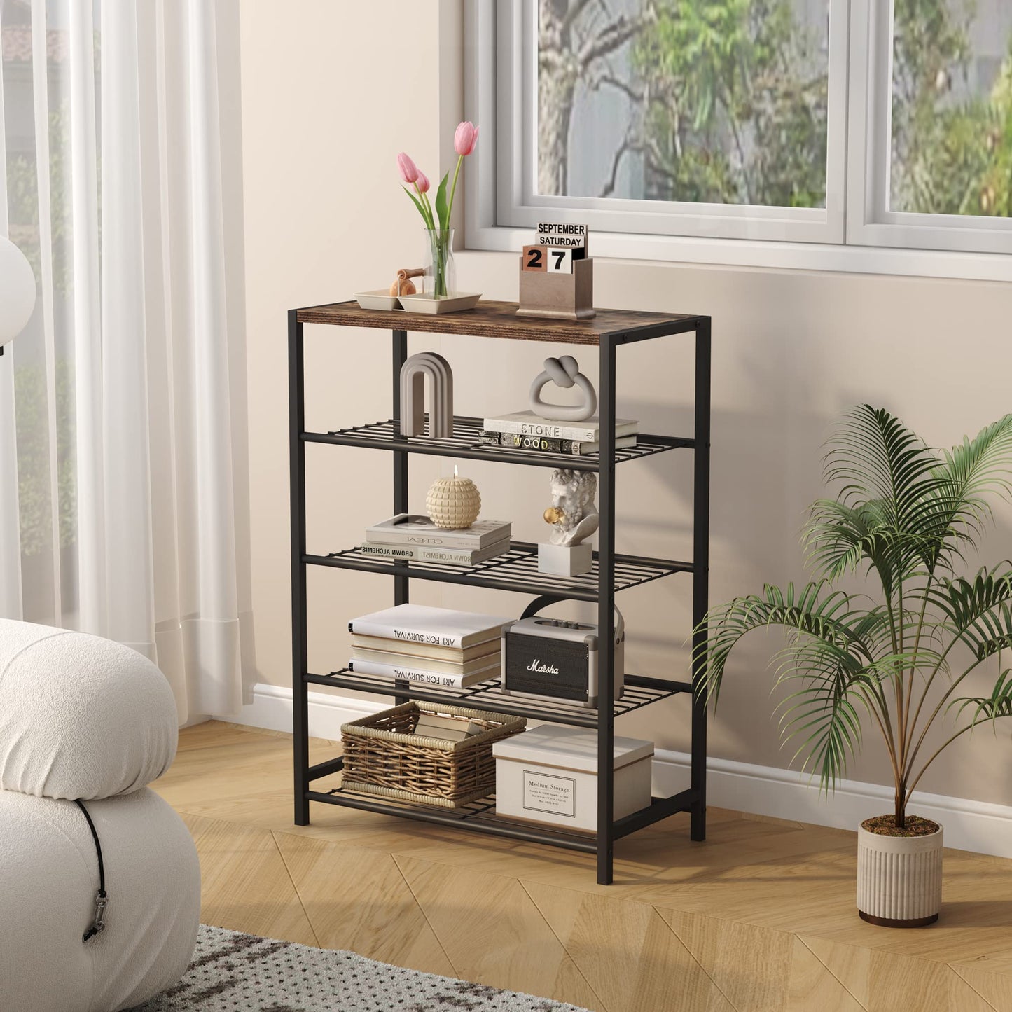 HOME BI 5-Tier Industrial Shoe Rack, Metal Shoe Storage Organizer, Durable Shoe Organizer Shelf for Closet, Hallway, Entryway, Living Room, Rustic