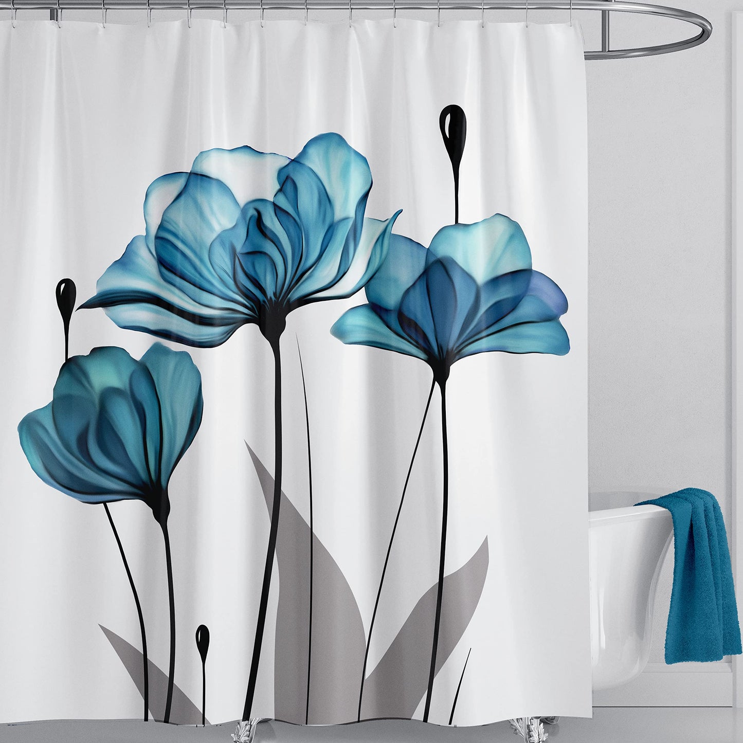 LIVETTY Blue Floral Fabric Shower Curtains Water Mould Proof 180x180cm Bathroom Curtains Quick-Drying Kitchen Curtains Machine Washable with 12 Hooks