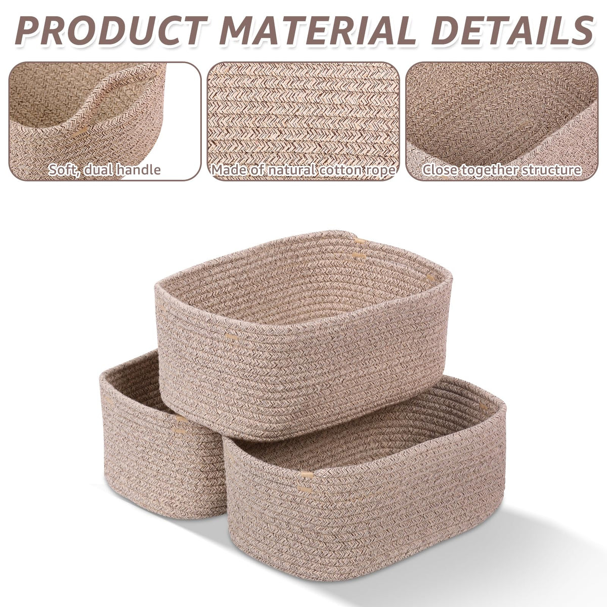 Set of 3 Storage Baskets for Shelves & Nursery, Cotton Rope Woven Basket with Hidden Handle, Empty Baby Gift Baskets