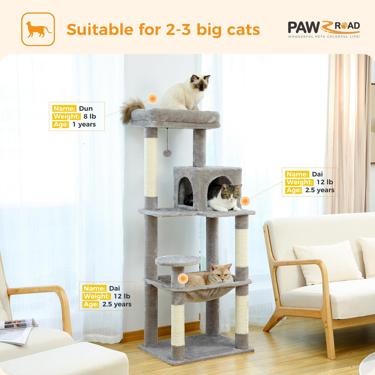PAWZ Road Cat Tree, Big Cat Tower, Activity Center stable and sturdy, Cat Tree with hammock and lovely Cat House Grey 143cm/56.2"