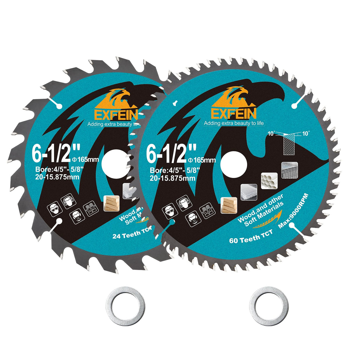 EXFEIN 165mm Wood Cutting Discs 2pcs, 24T+60T ATB TCT Fine Finish Disc with 20mm Bore for Wood Plastic