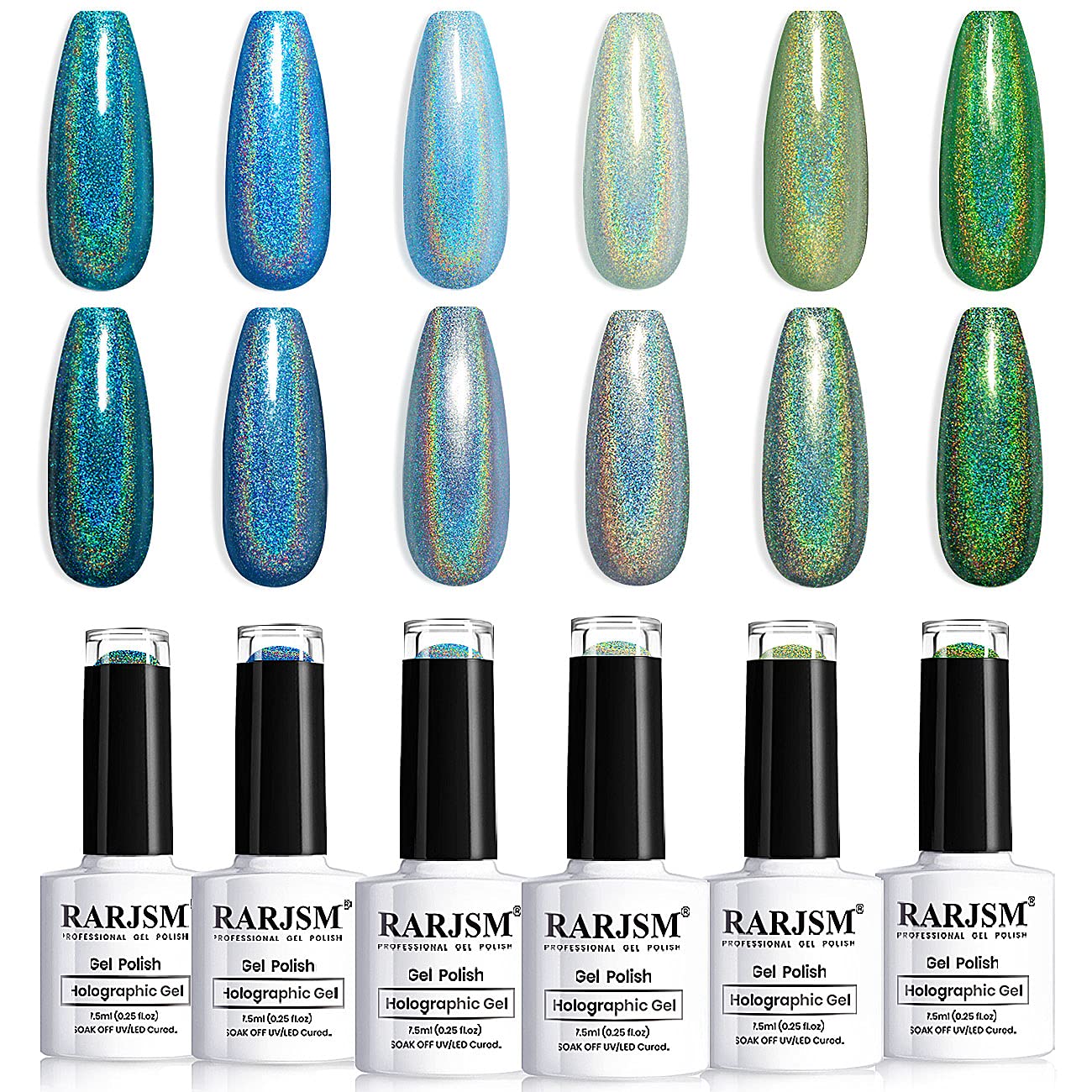 RARJSM Holographic Gel Nail Polish Set,Glitter Blue Green Gel Polish Kit Misty Forest Collection Soak Off 6PCS 7.5ML Curing Required Unicorn Mirror
