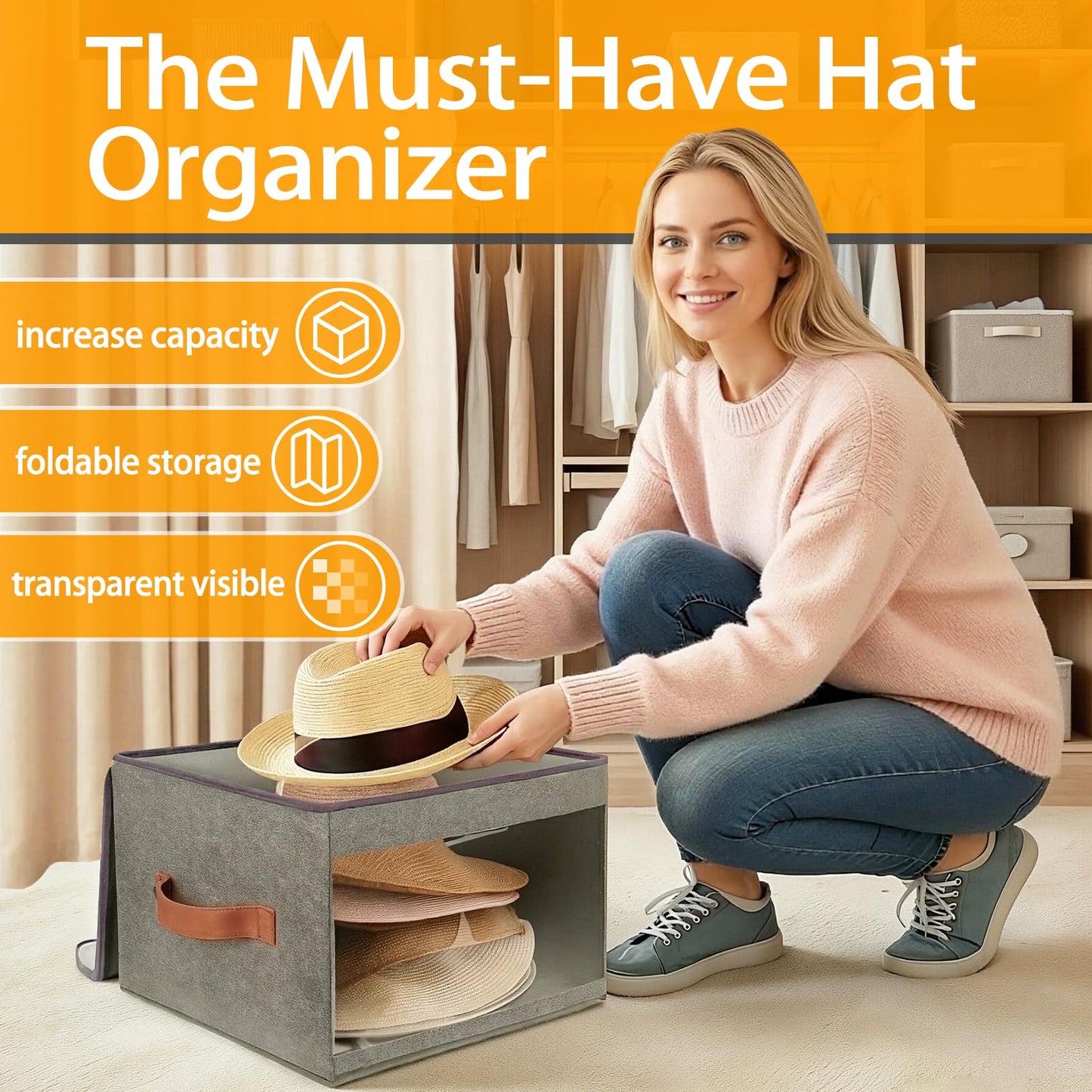 Underbed Storage Box with Zip Foldable Cowboy Hat Storage Boxes Grey
