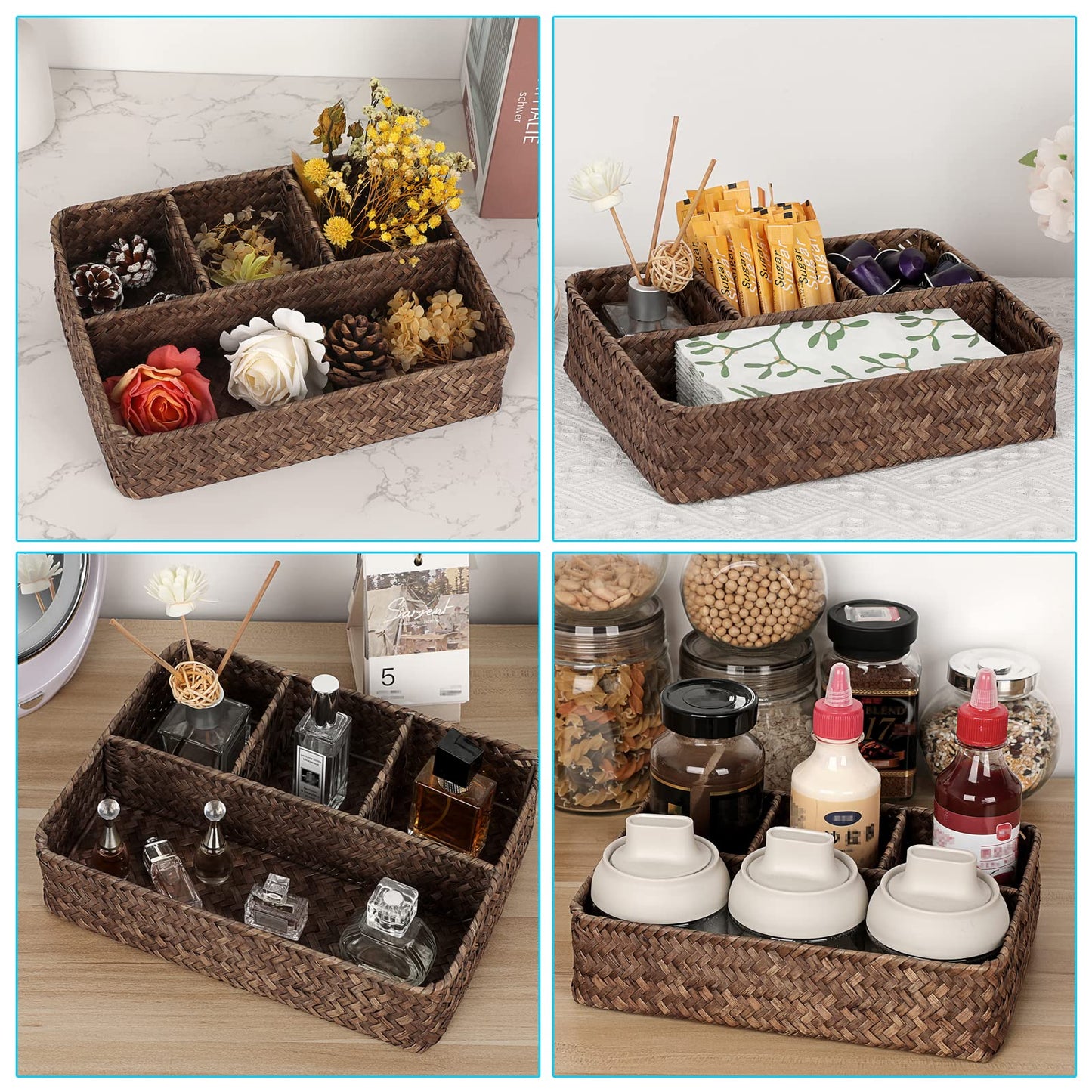 BTSKY 4 Compartment Seagrass Tissue Box Basket, Napkin Holder, Coffee